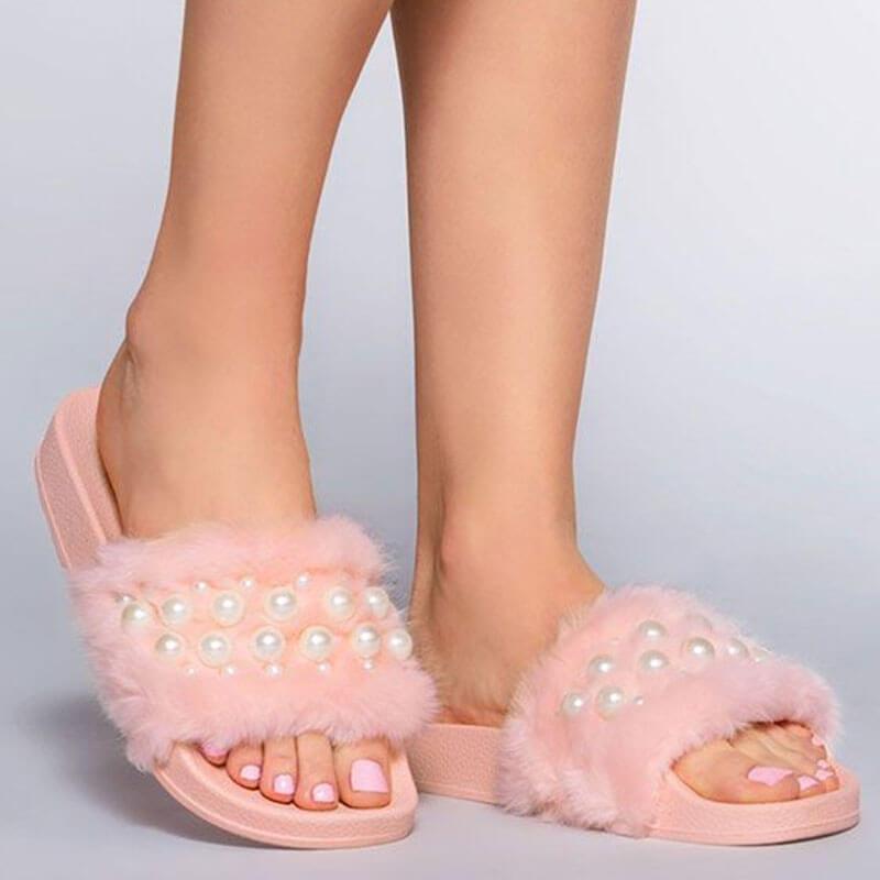 Women Soft Fur Pearl Slip Flat Heel Slippers