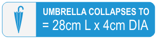 UMBRELLA COLLAPSES TO 28cm LENGTH X 4cm DIAMETER