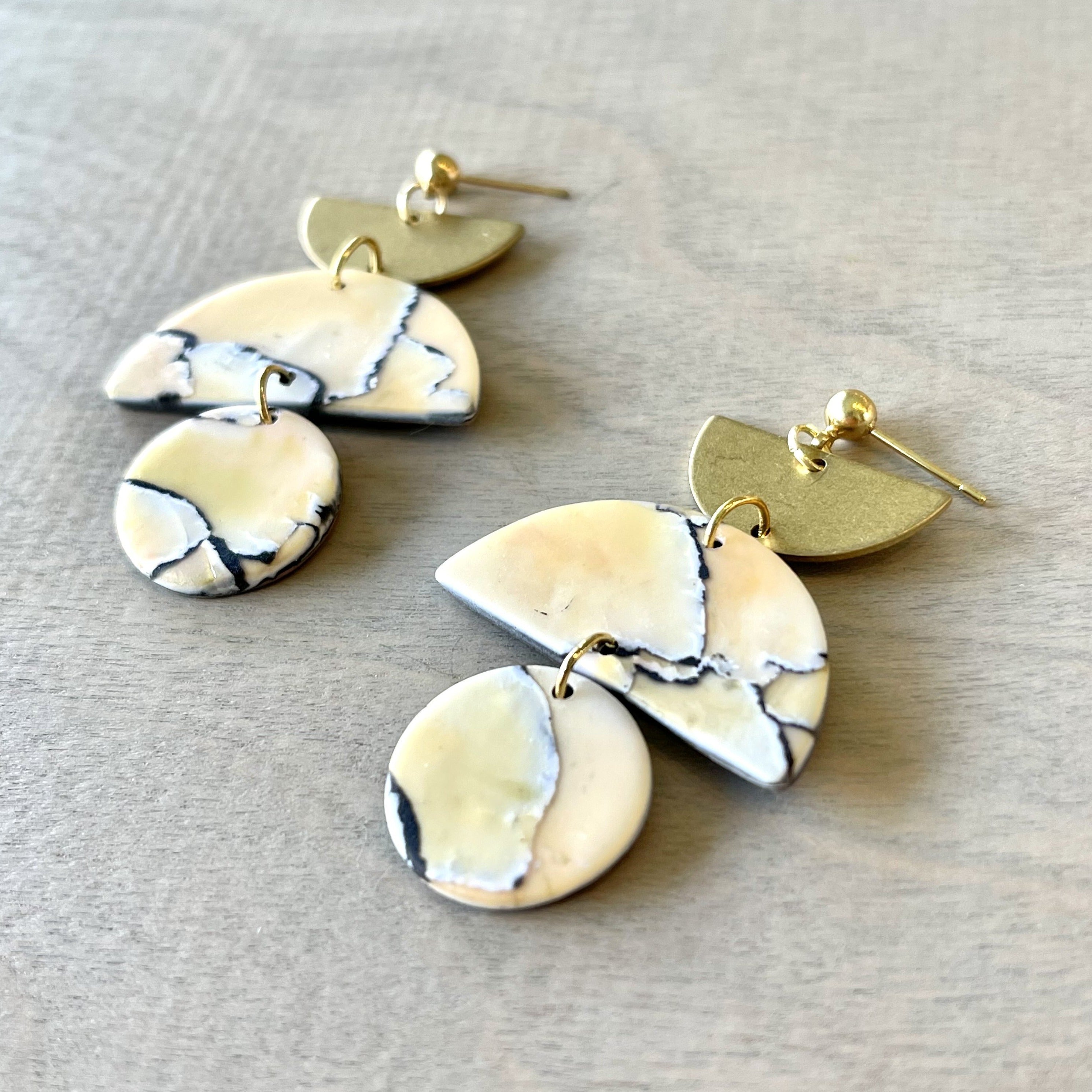 Tiered Yellow and Black Marble Clay Stud Earrings
