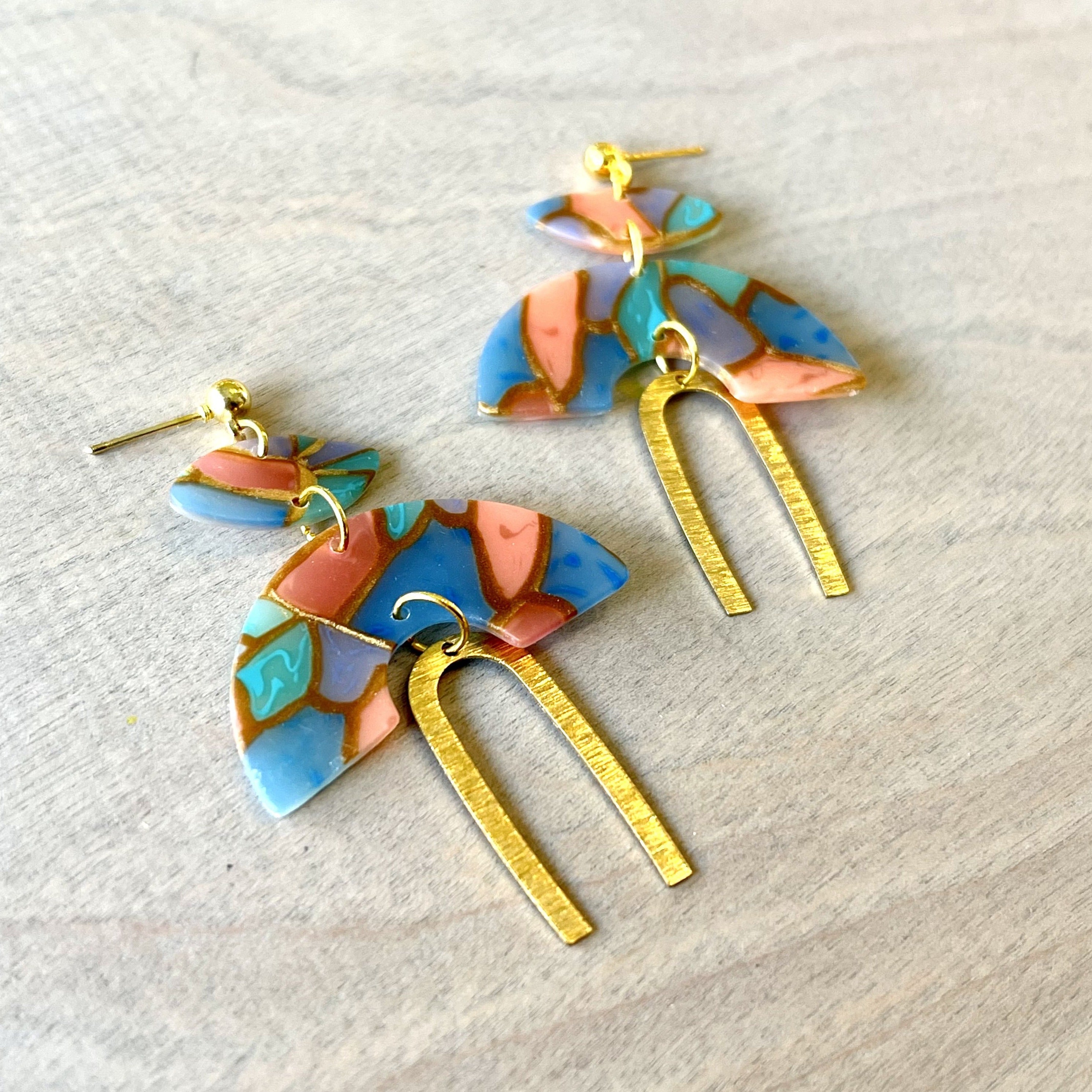 Stained Glass Half Moon with Brass Rainbow Clay Earrings