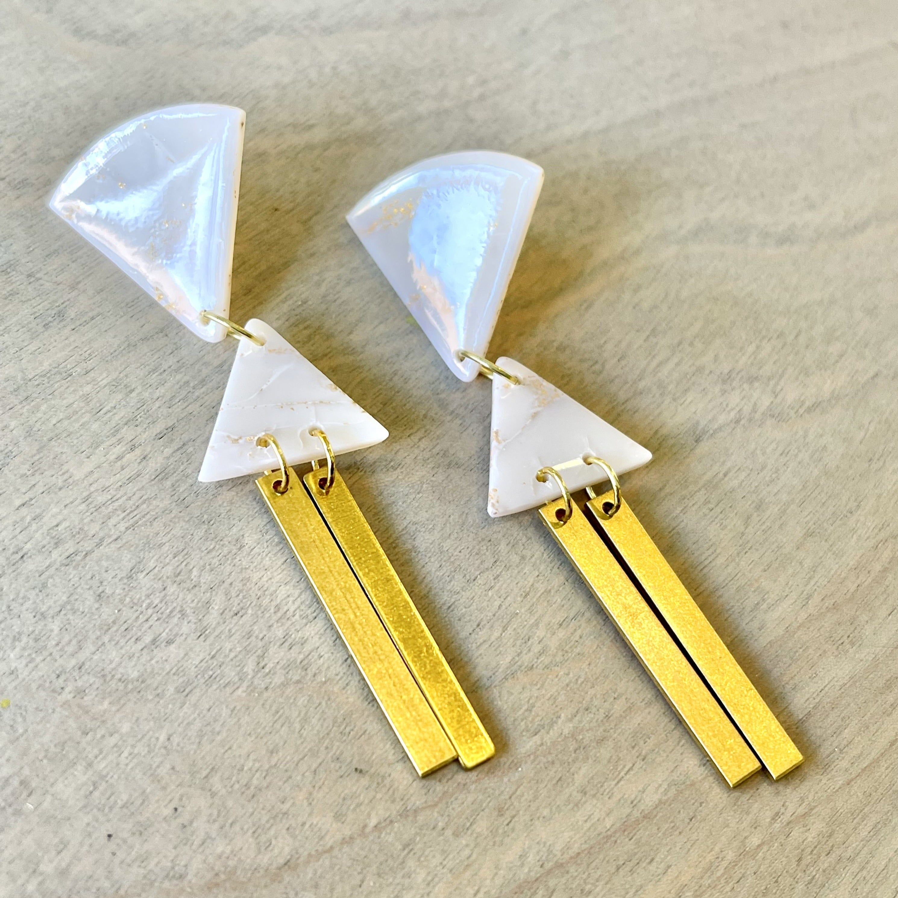 Marble Gloss Triangles with Brass Rectangle Clay Earrings