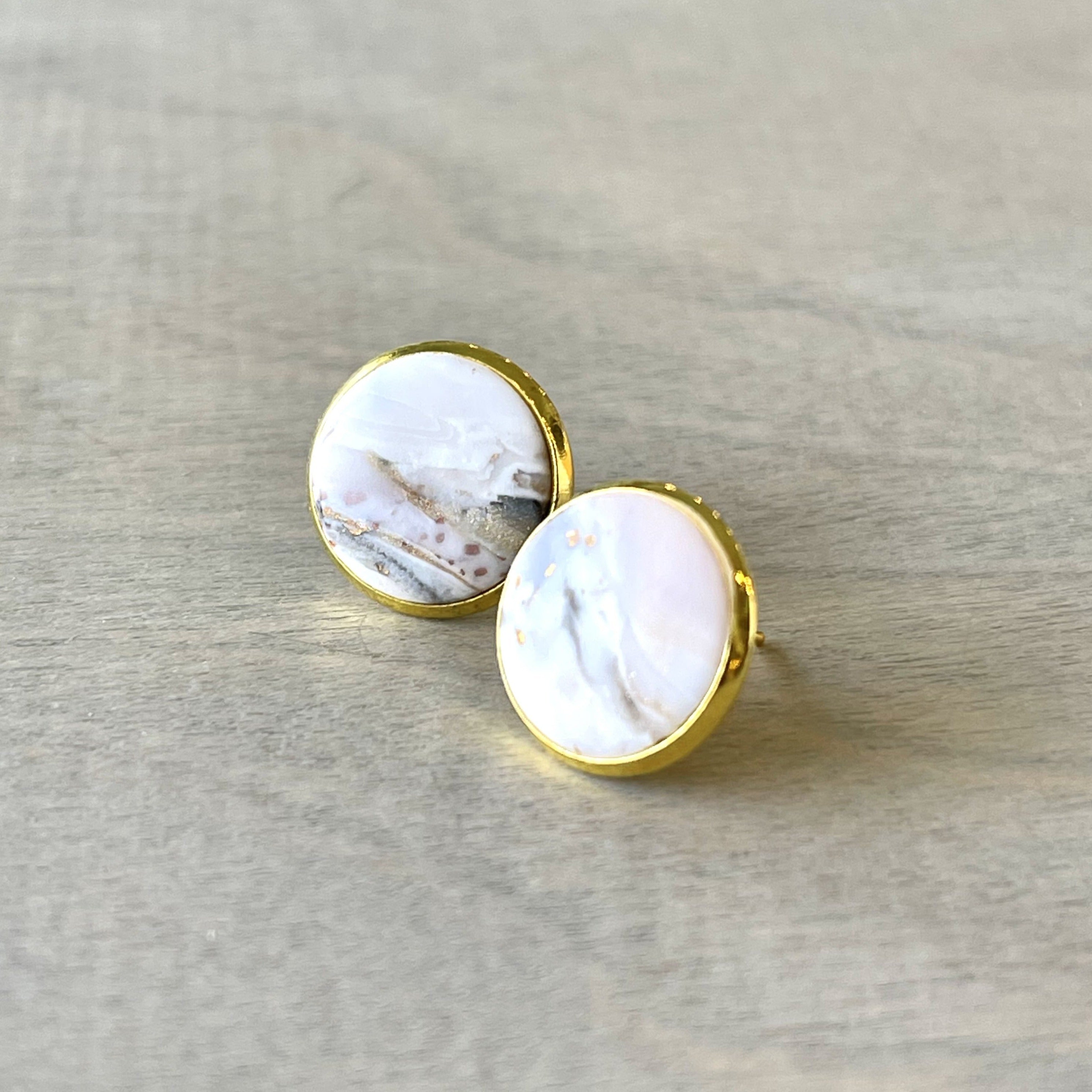 Pink Marble Stud with Gold Bezel Clay Stud Earrings