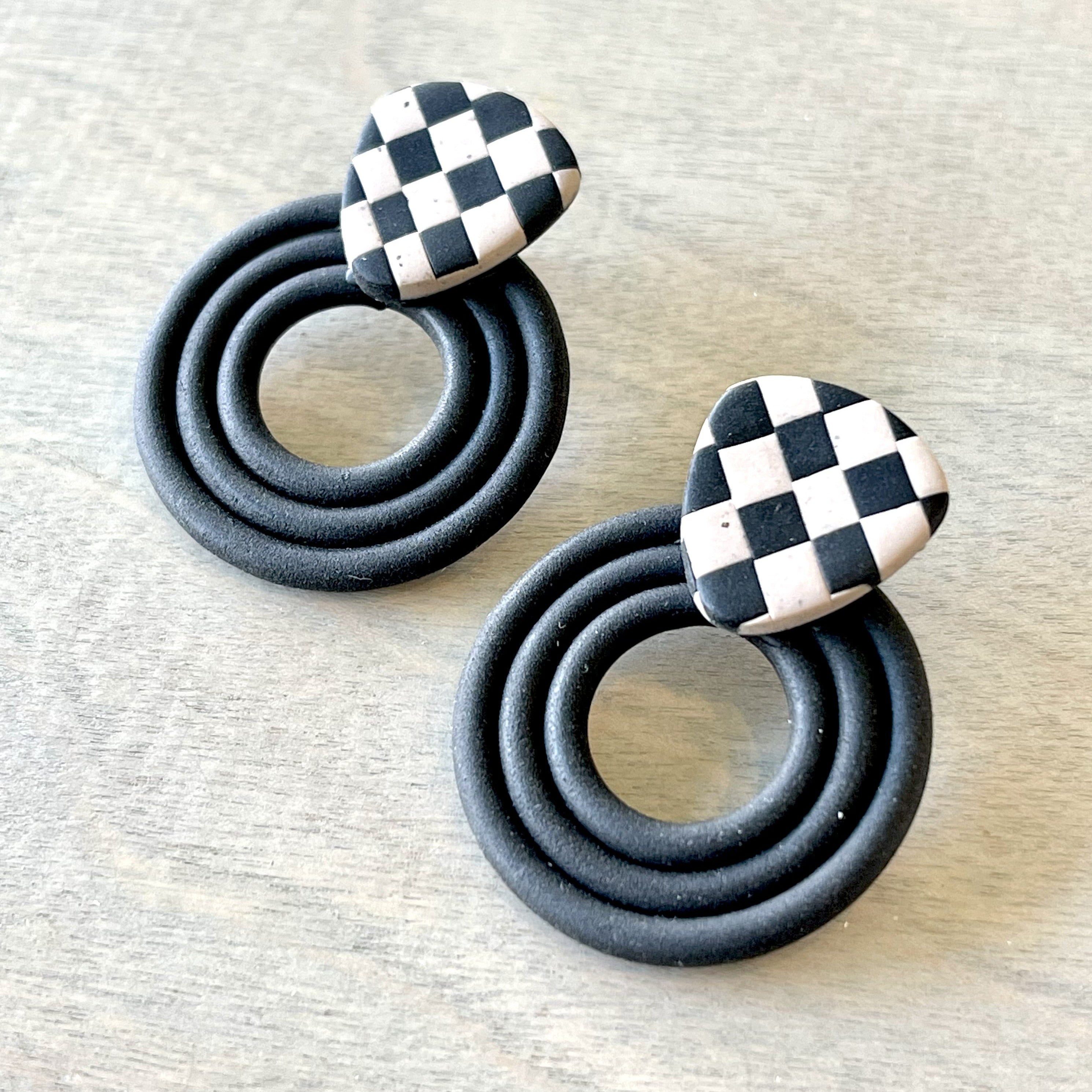 Layered Black Circles with Checkered Triangle Clay Earrings