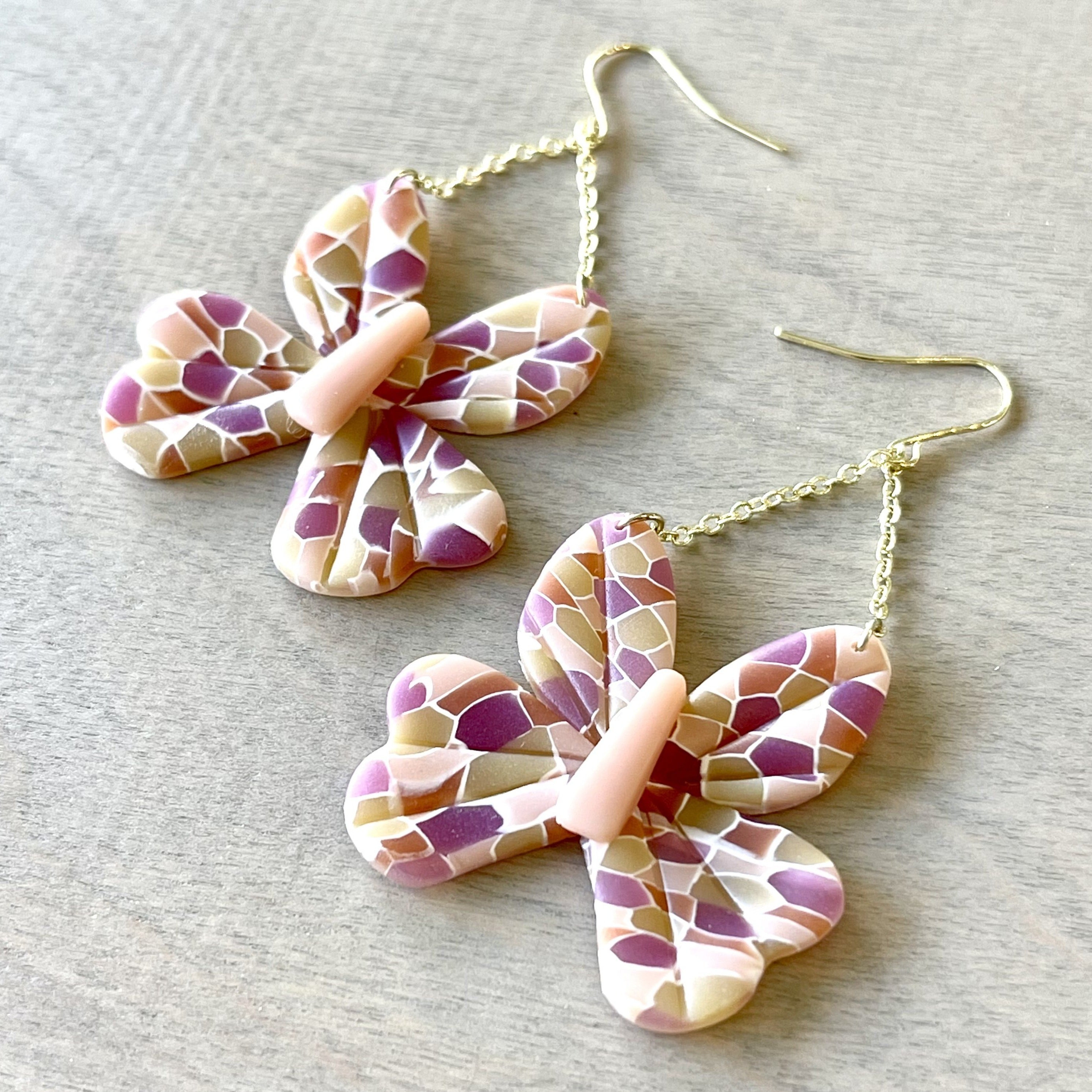 Stained Glass Butterflies on Brass Chain Clay Earrings