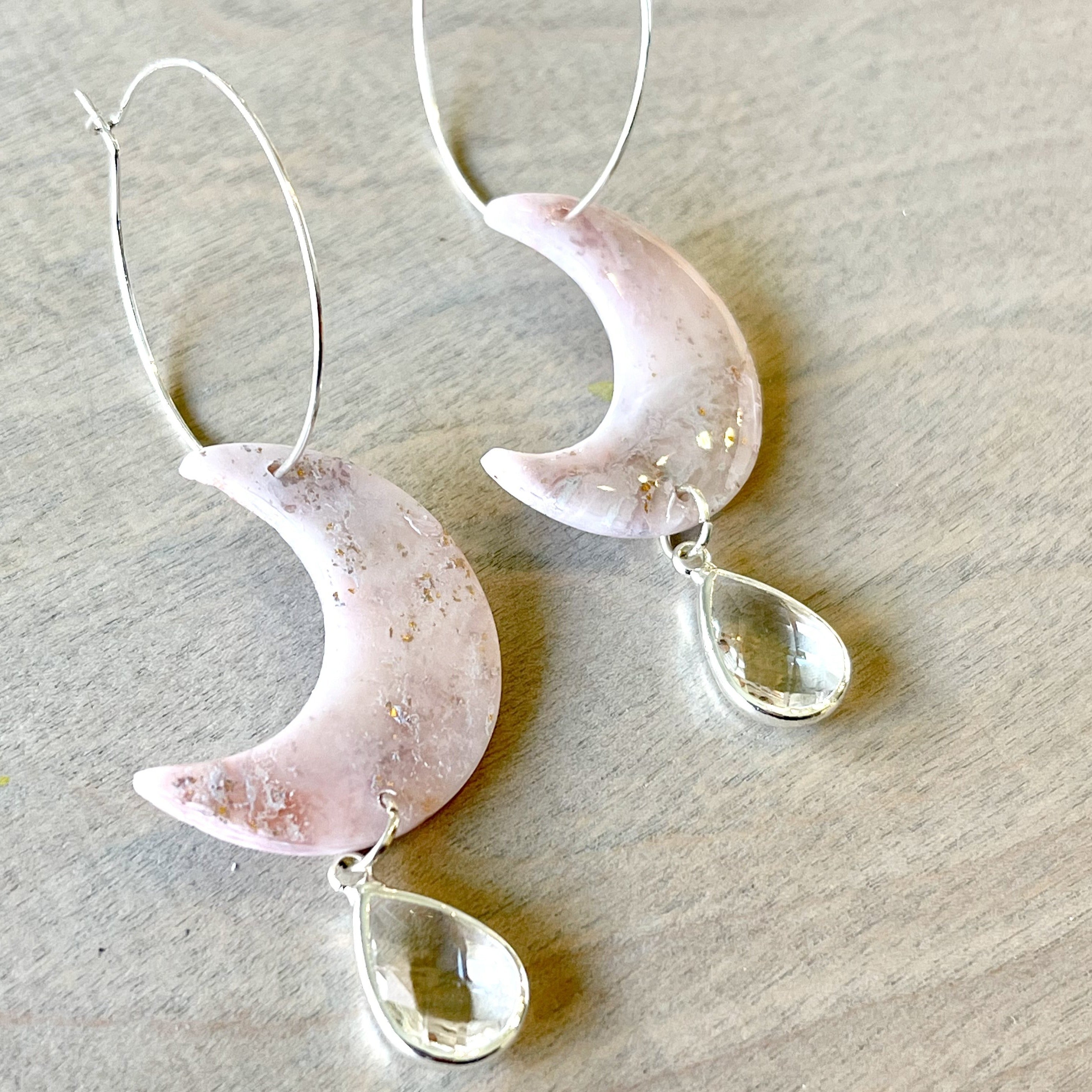 Pink Marble Moons with Clear Gem Clay Hoop Earrings