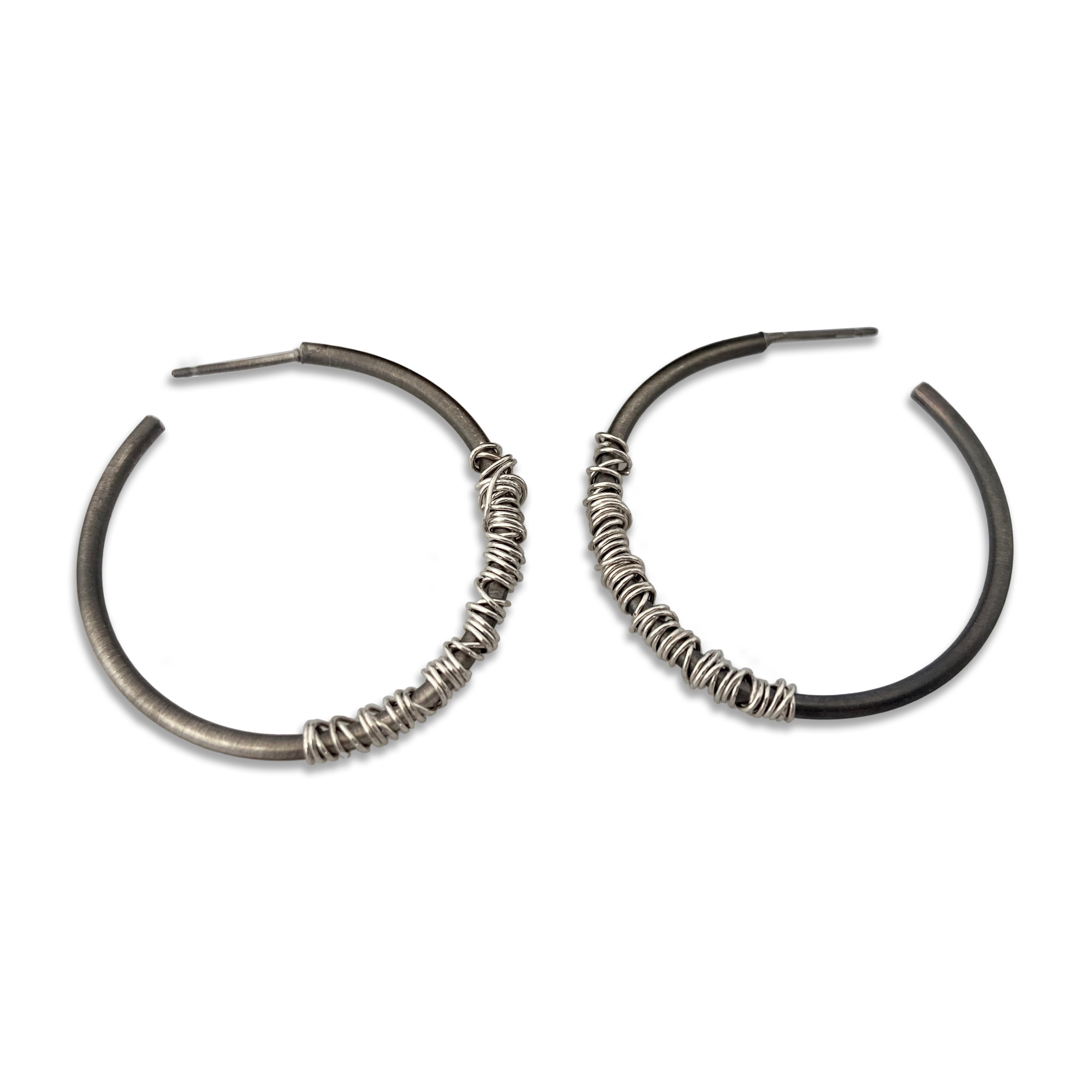 Sterling Silver Oxided Hoops wrapped with Silver Wire