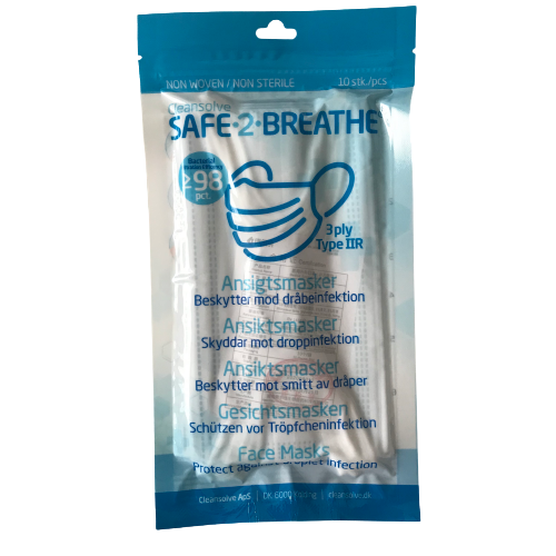 Billede af Safe2Breathe - Mundbind - ansigtsmasker - 3 lags type IIR - CE mærket - Pakning med 10 stk