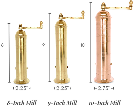 Original Greek Pepper Size Comparison Chart for 8-Inch, 9-Inch, and 10-Inch Mills