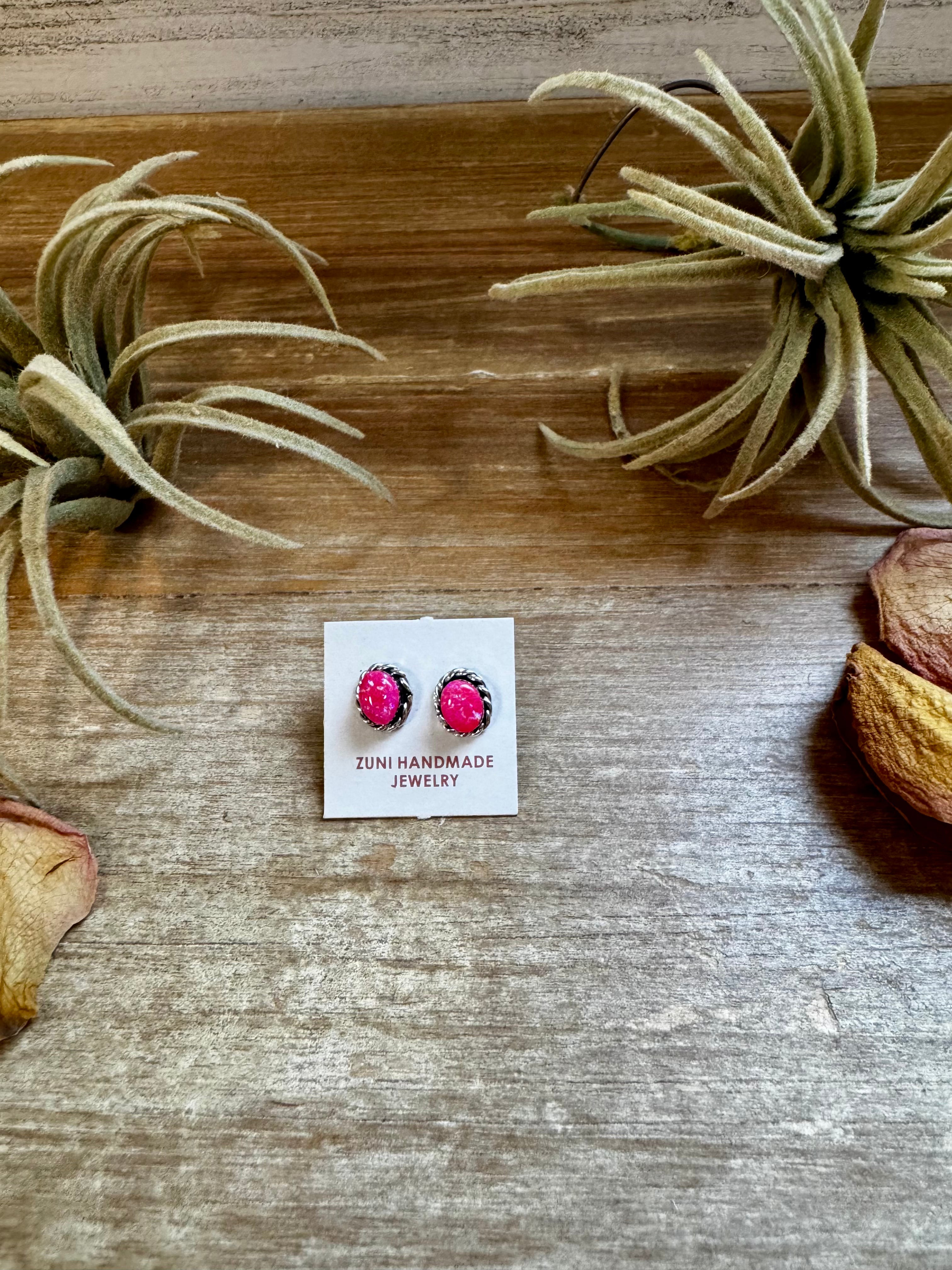 Mini Oval Pink Opal Stud Earrings – Zuni Handmade, Sterling Silver