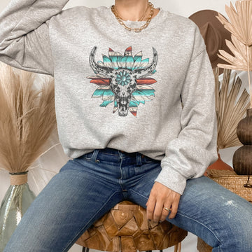 Western Boho Turquoise Flower Skull Graphic Sweatshirt
