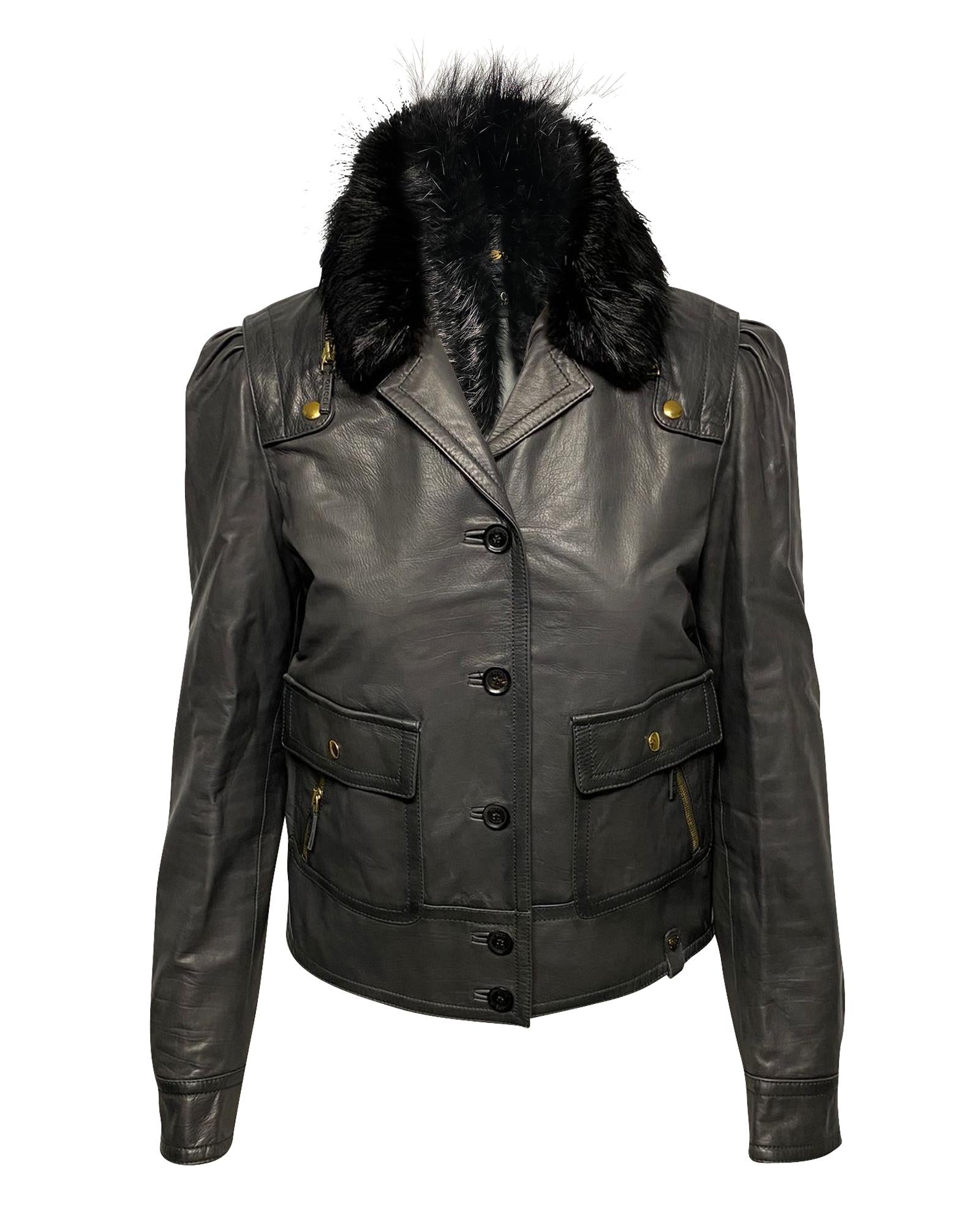 image of Fur Collar Detail Leather Jacket