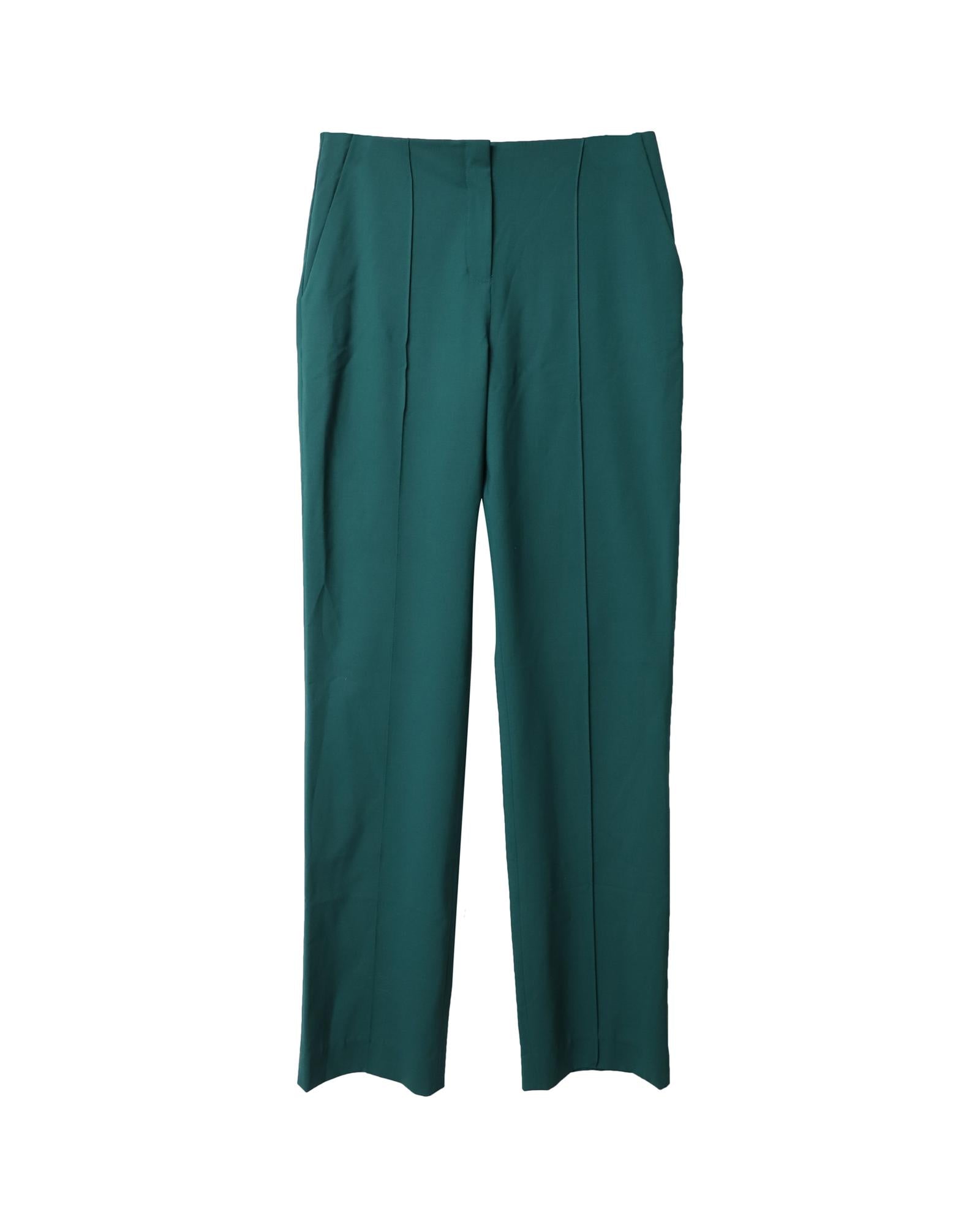 image of Teal Wool Pleated Flare Pants