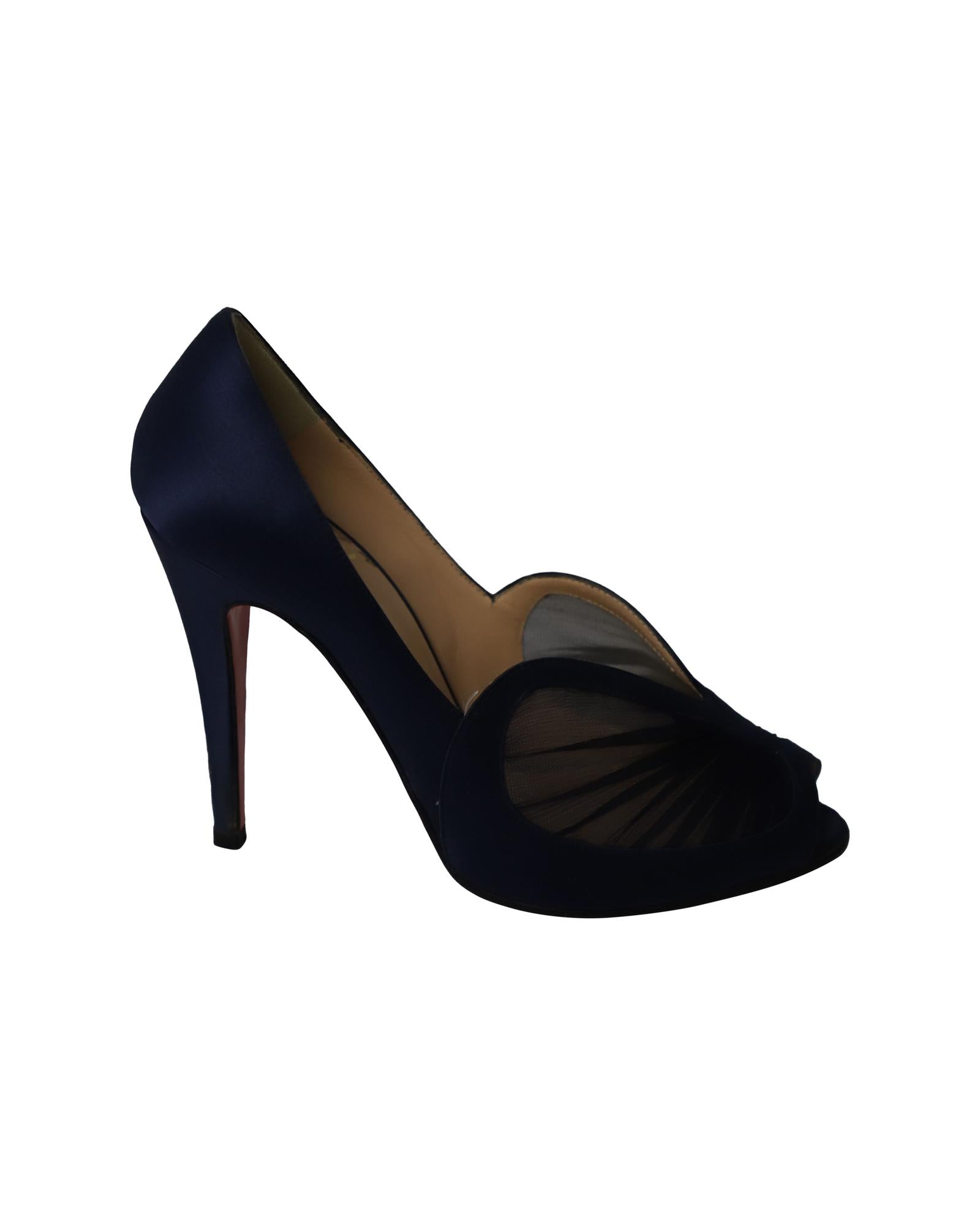 image of Navy Blue Satin Peep Toe Pumps with V-Cut Detailing