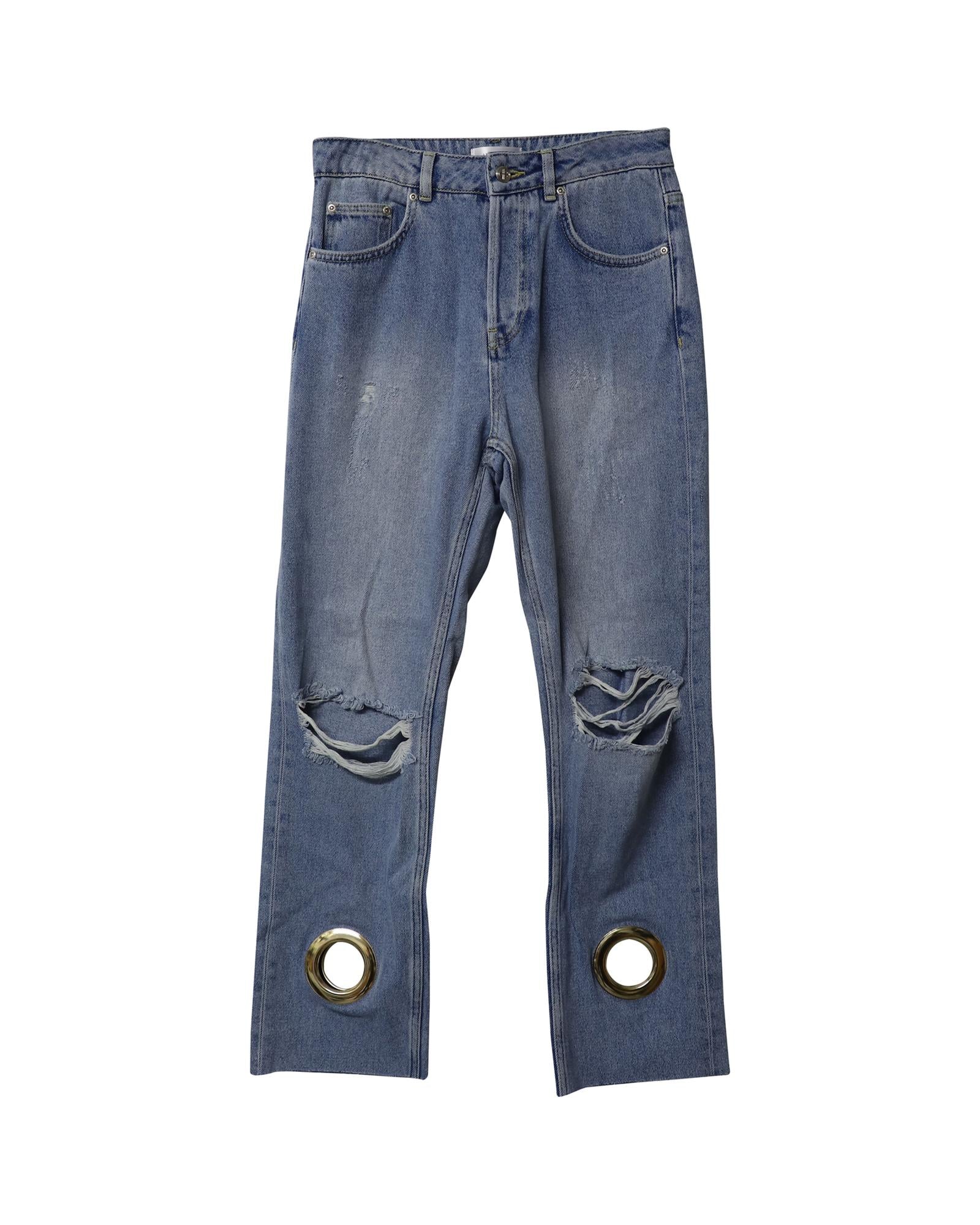 image of Distressed High-Waist Cropped Jeans with Grommet Cutouts