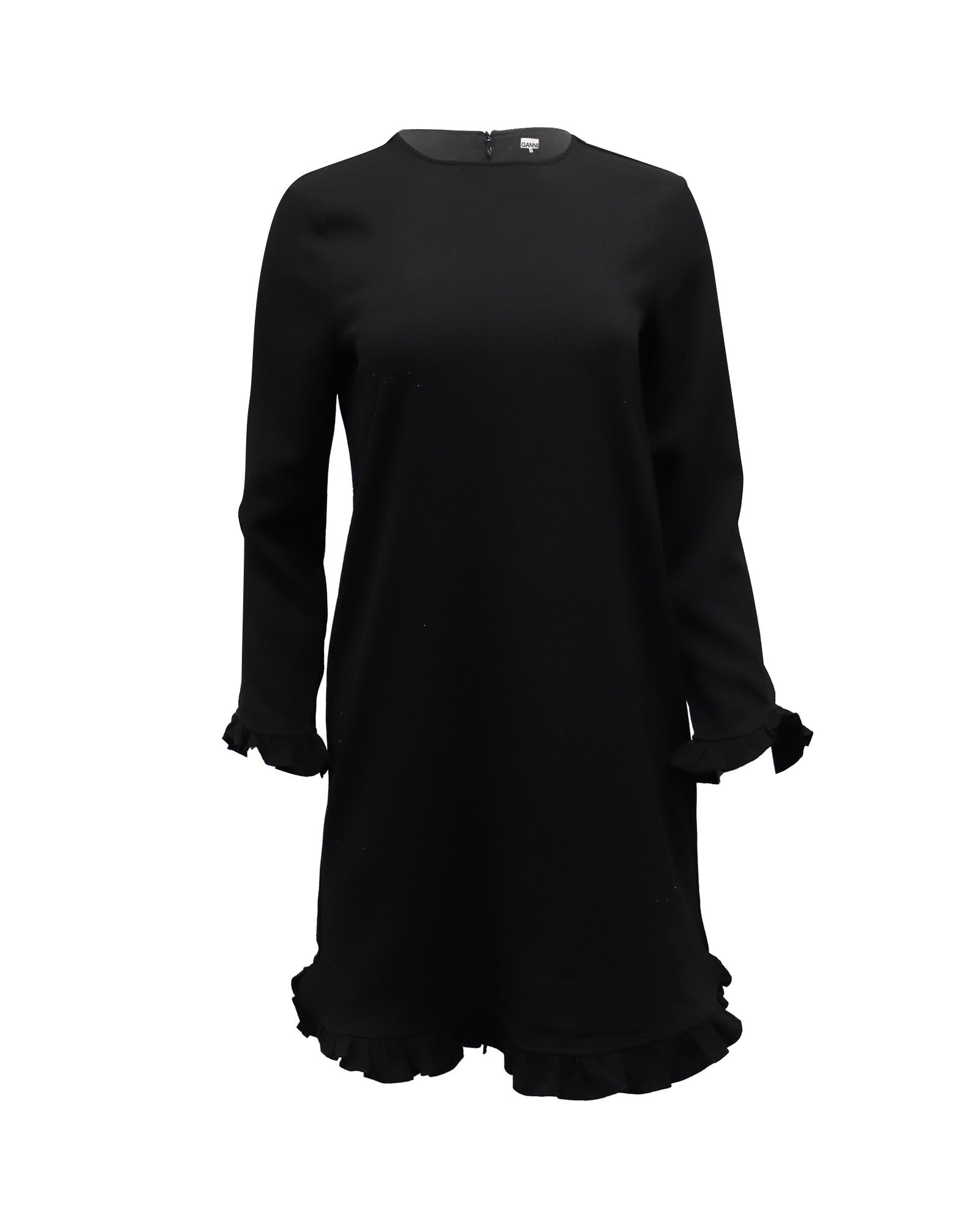 image of Ruffled Long Sleeve Dress in Black Polyester