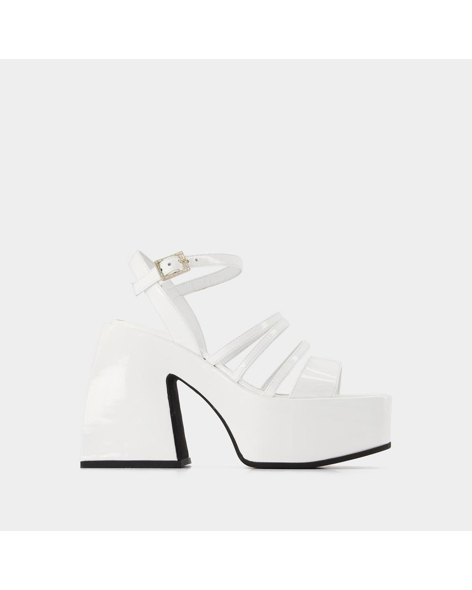 Image of Chic White Leather Sandals with Ankle Strap and Patent Finish