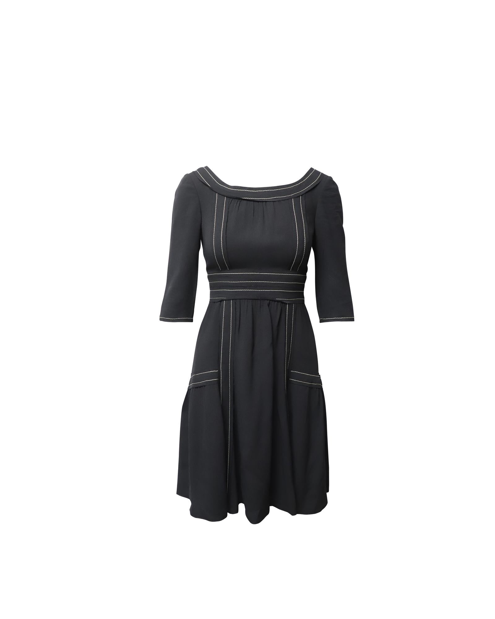 image of Contrast Stitch Midi Dress in Black Silk