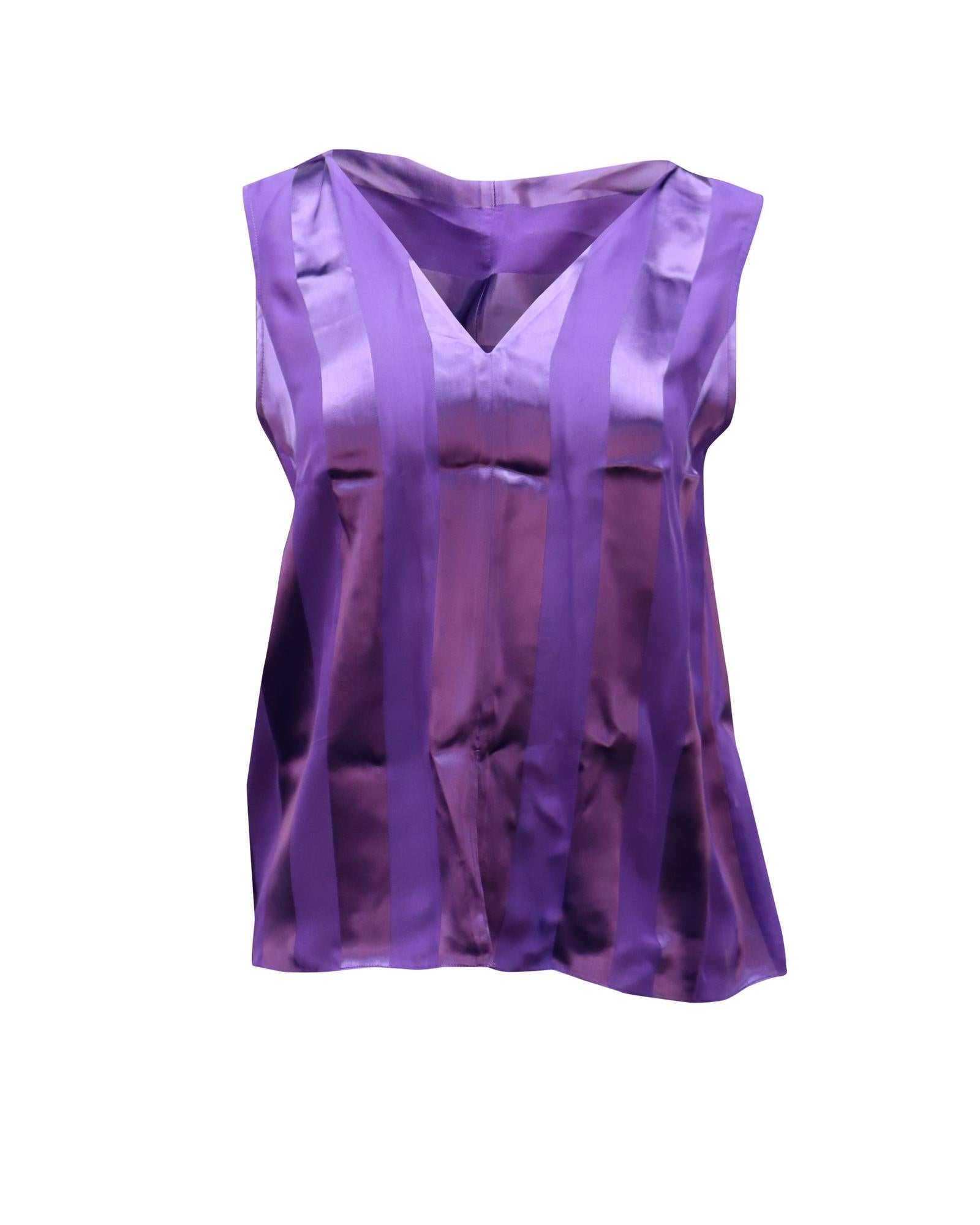 Image of Purple Silk Sleeveless Tie-Neck Tunic Blouse