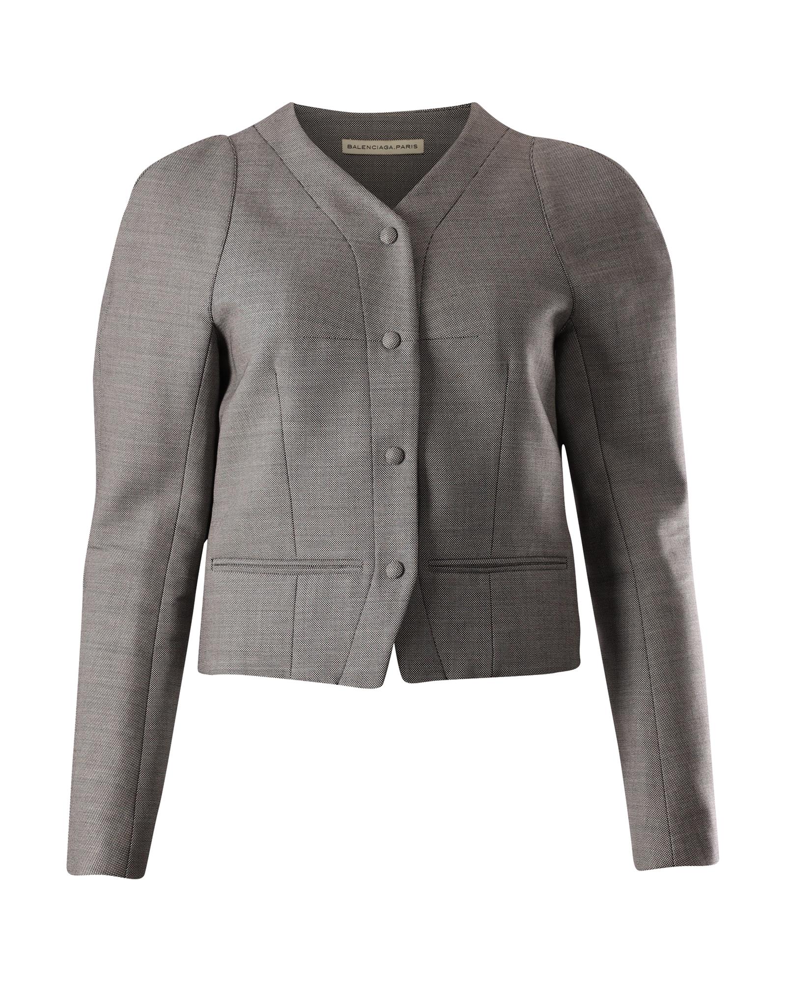 image of Structured Grey Wool Puff Sleeve Jacket