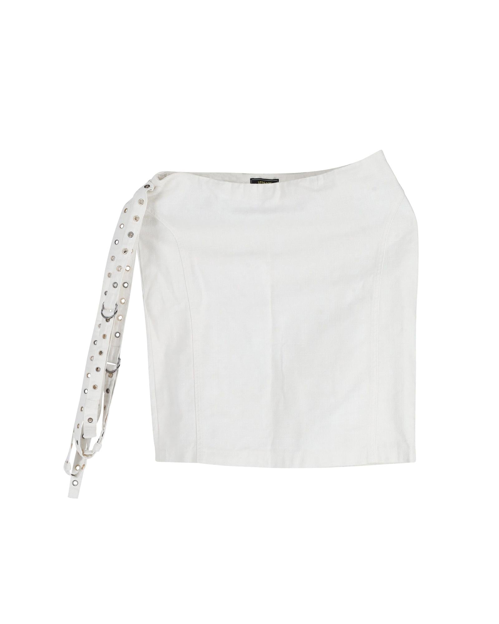 image of Eyelet Detail Belted Mini Skirt in Ecru Cotton