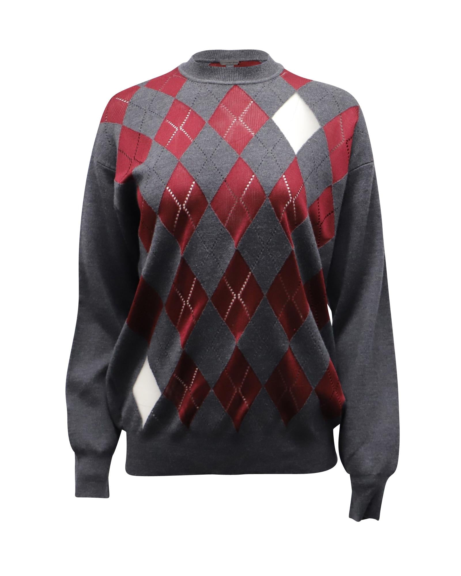 image of Mesh-Paneled Argyle Sweater in Grey Wool