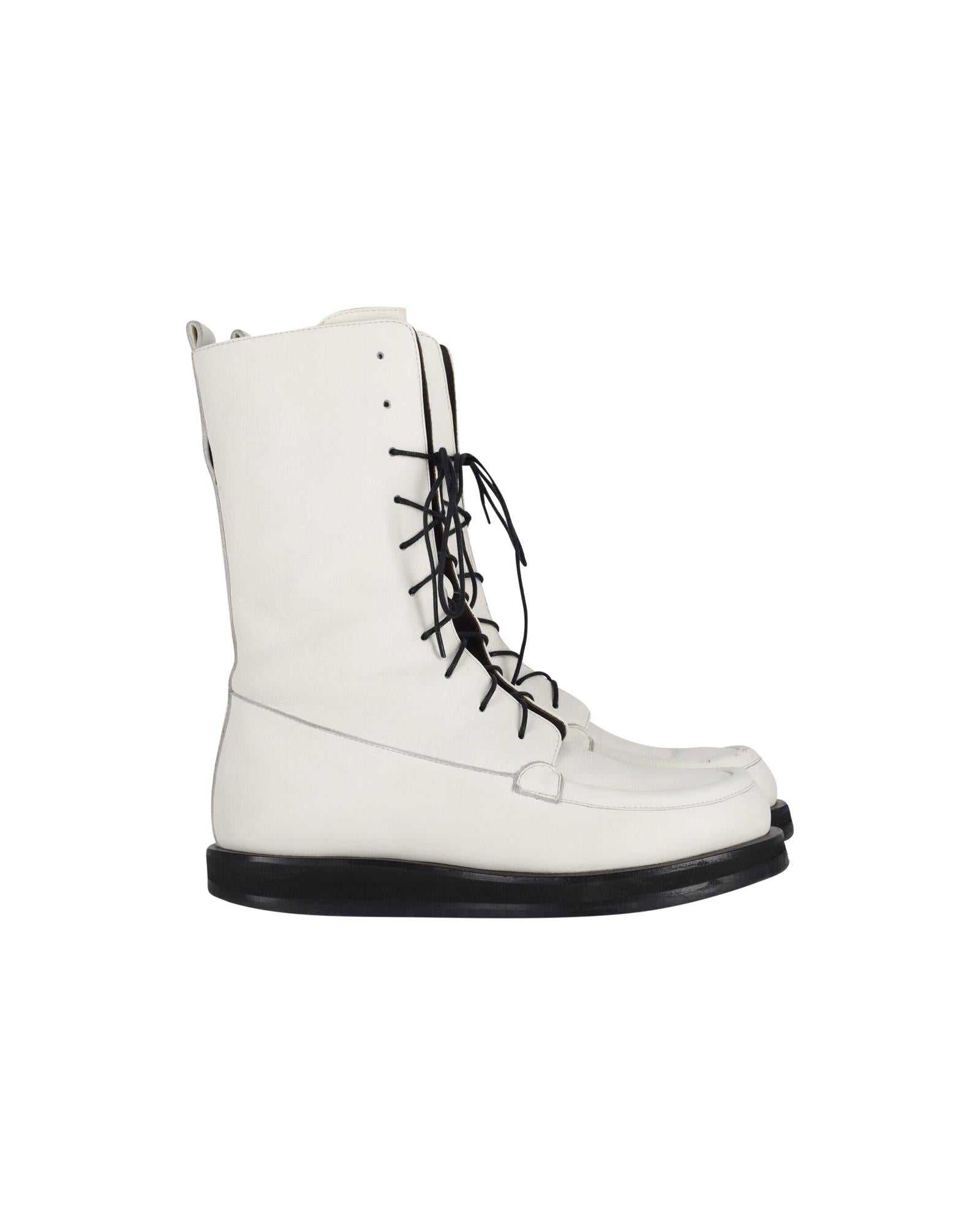 Image of Lace-Up Combat Boots in White Leather