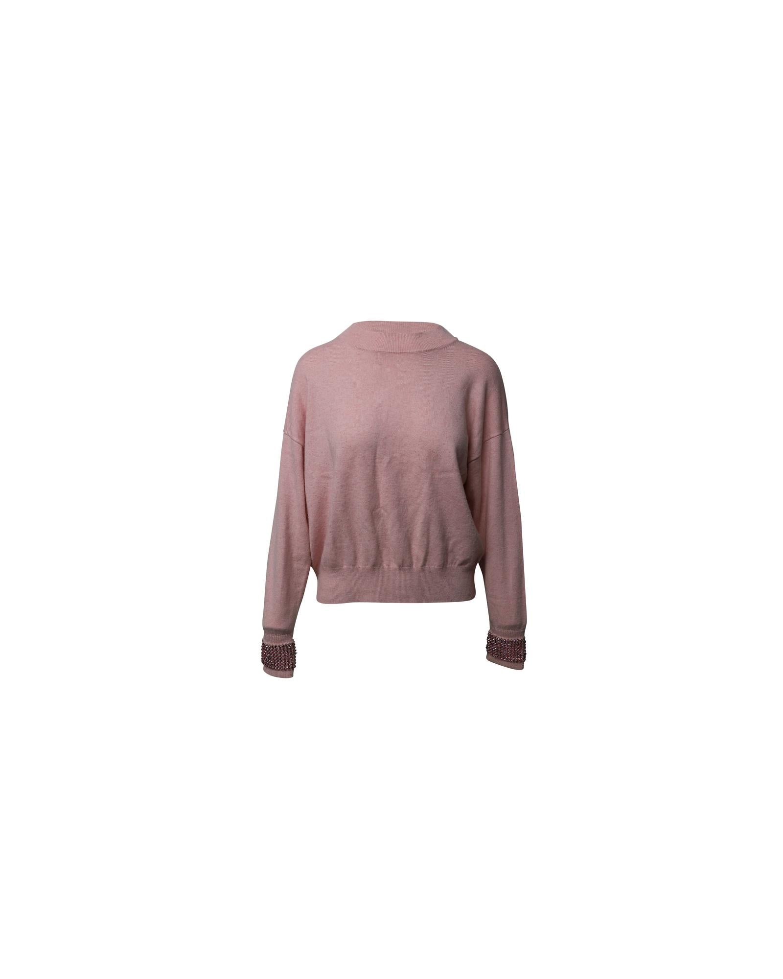 image of Crystal Embellished Crewneck Sweater in Pink Wool