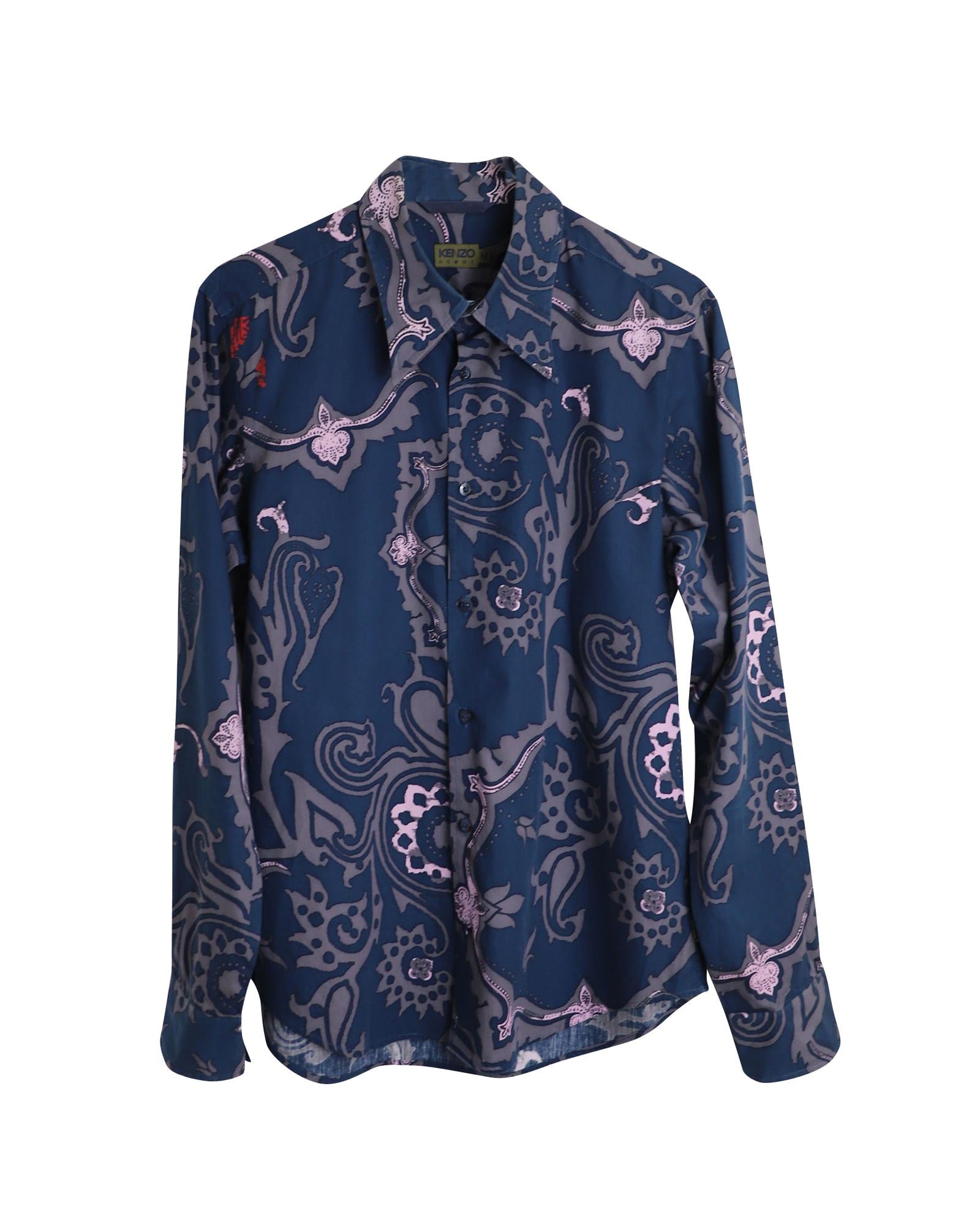 image of Floral Button Down Shirt in Blue Cotton