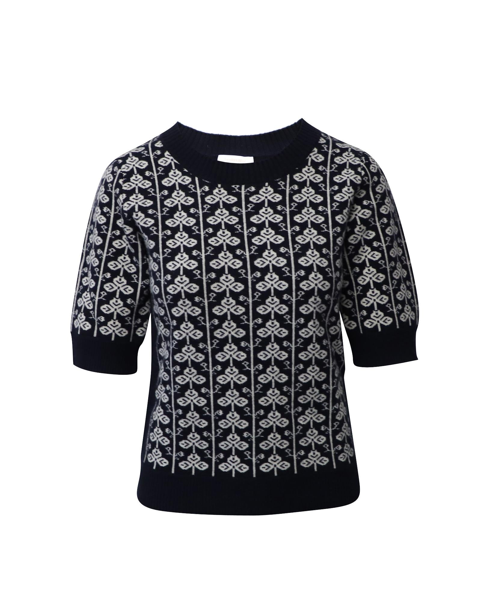 image of Intarsia Short-Sleeve Sweater in Navy Blue Wool