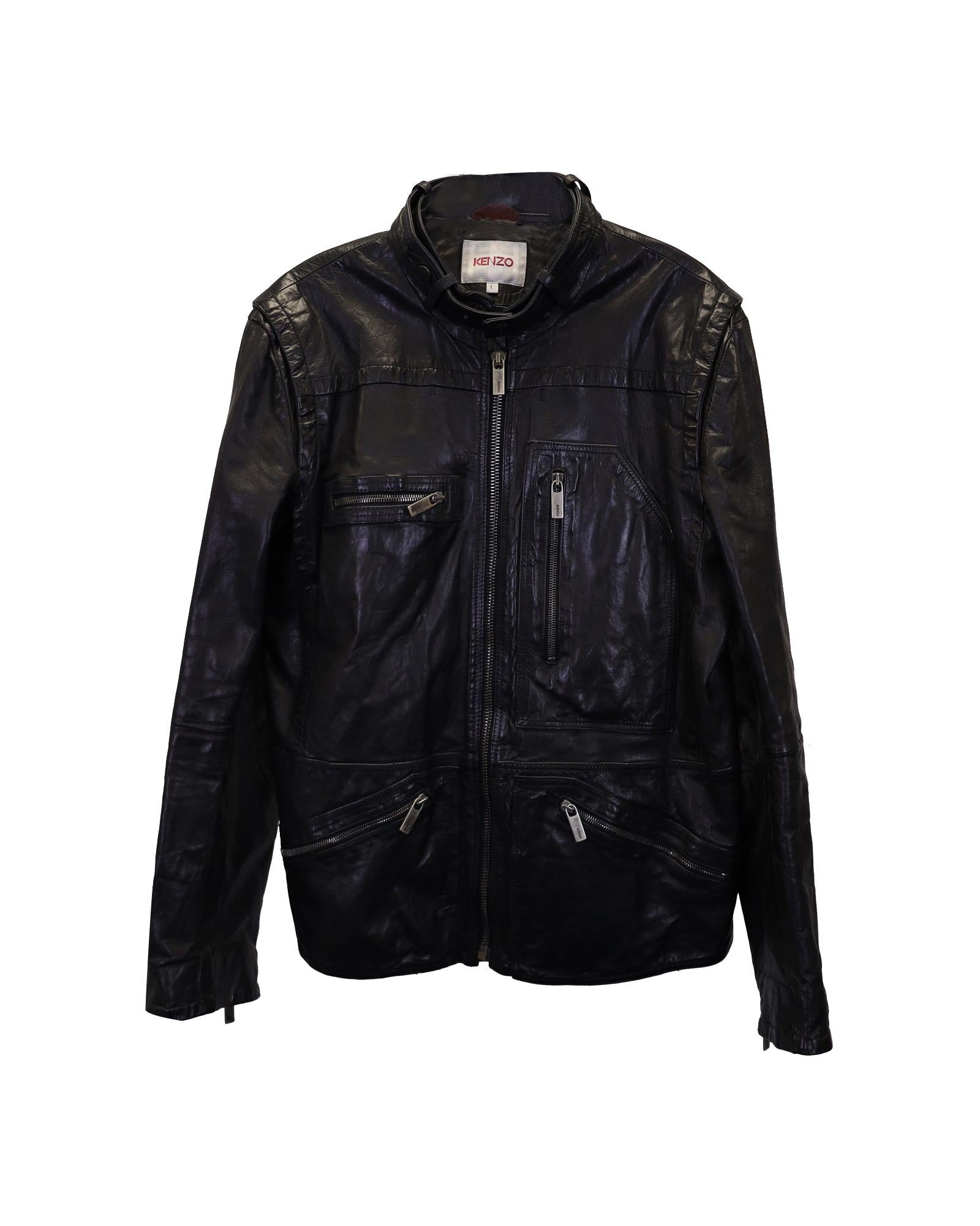 image of Black Calfskin Leather Moto Jacket with Zip Front by Kenzo