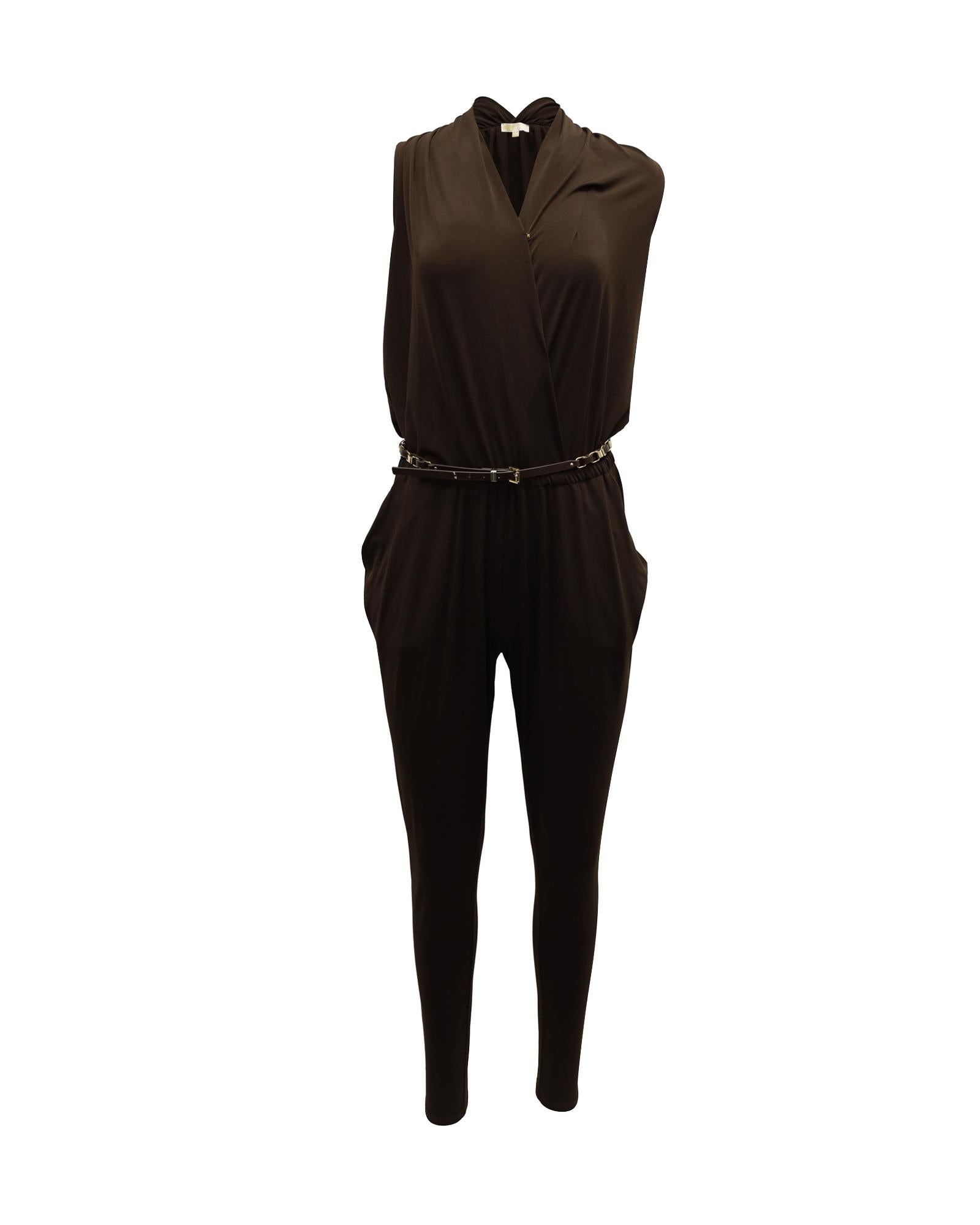 image of Draped Sleeveless Jumpsuit in Brown Polyester