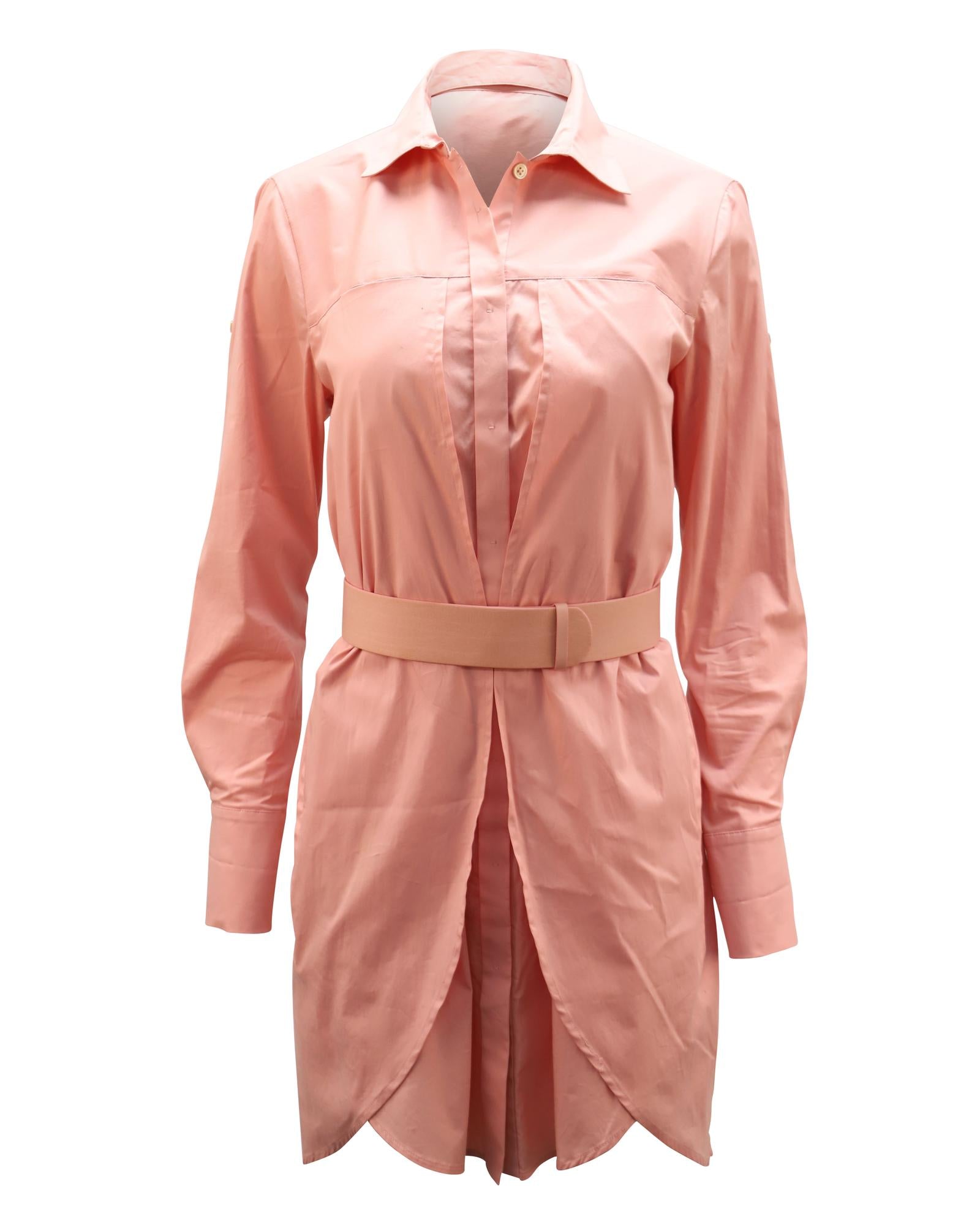 image of Chic Pink Cotton Belted Shirt Dress