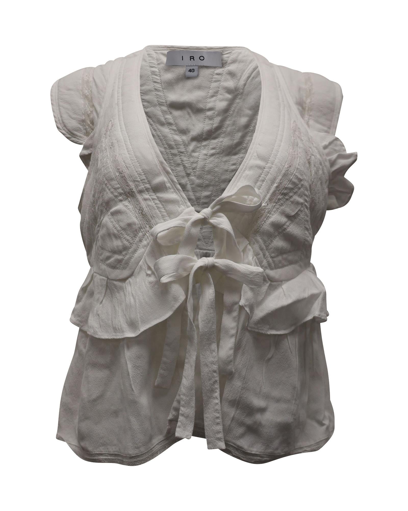 Image of Ruffled Tie-Front Blouse in White Cotton