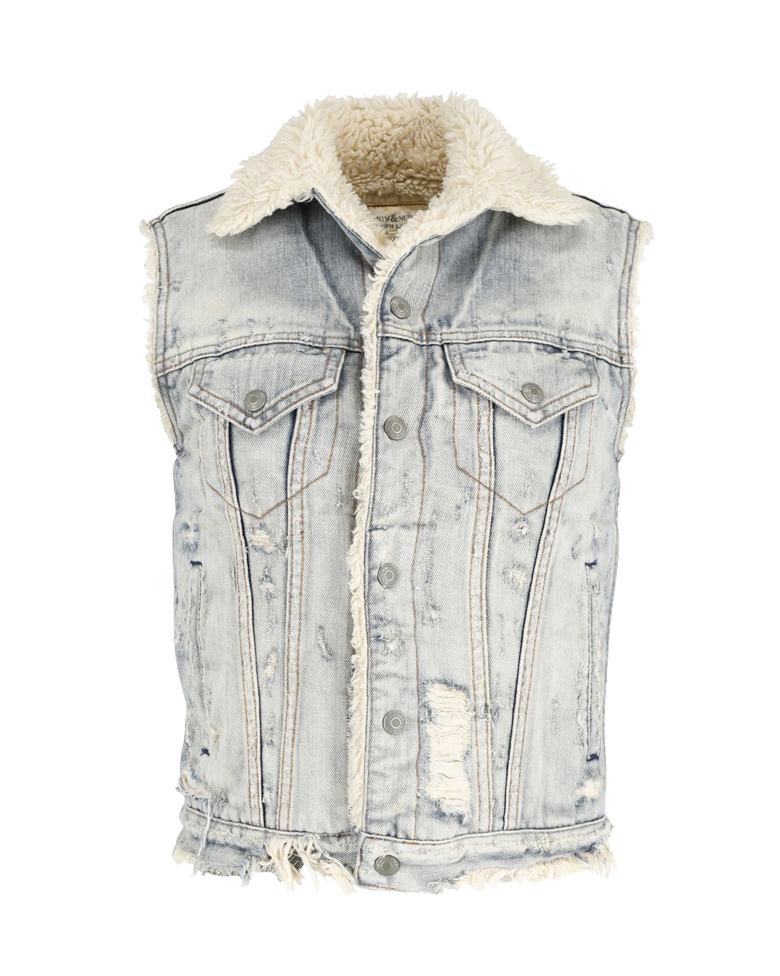 Image of Distressed Denim Vest with Fleeced Collar