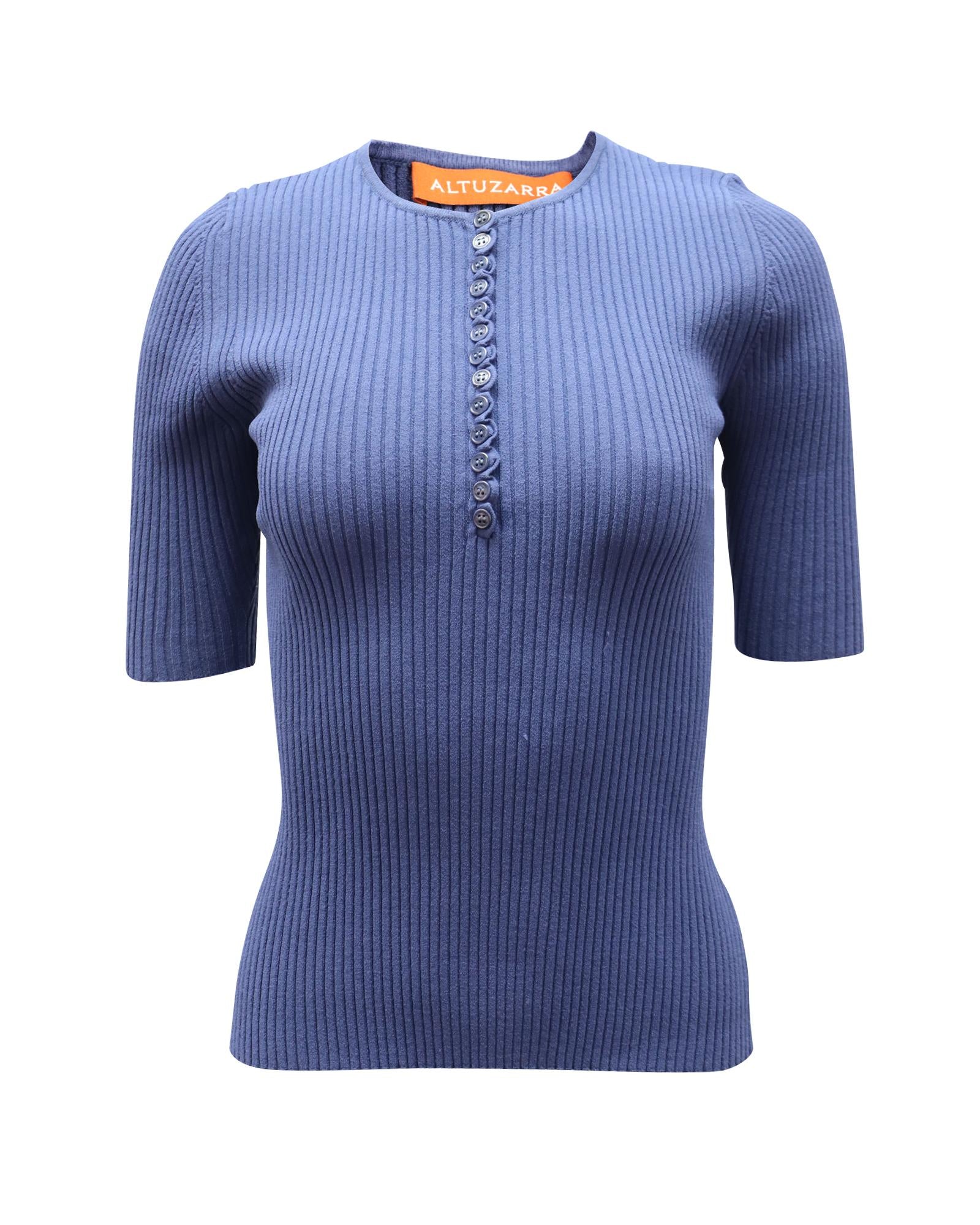 Image of Blue Ribbed-Knit Top with Abbreviated Sleeves