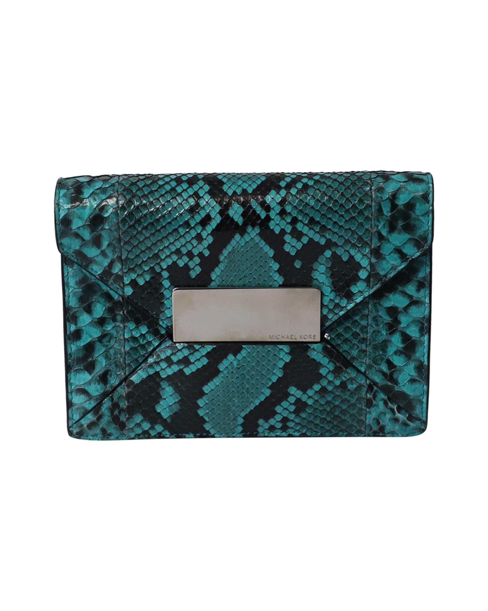 image of Snakeskin Embossed Green Leather Clutch Bag