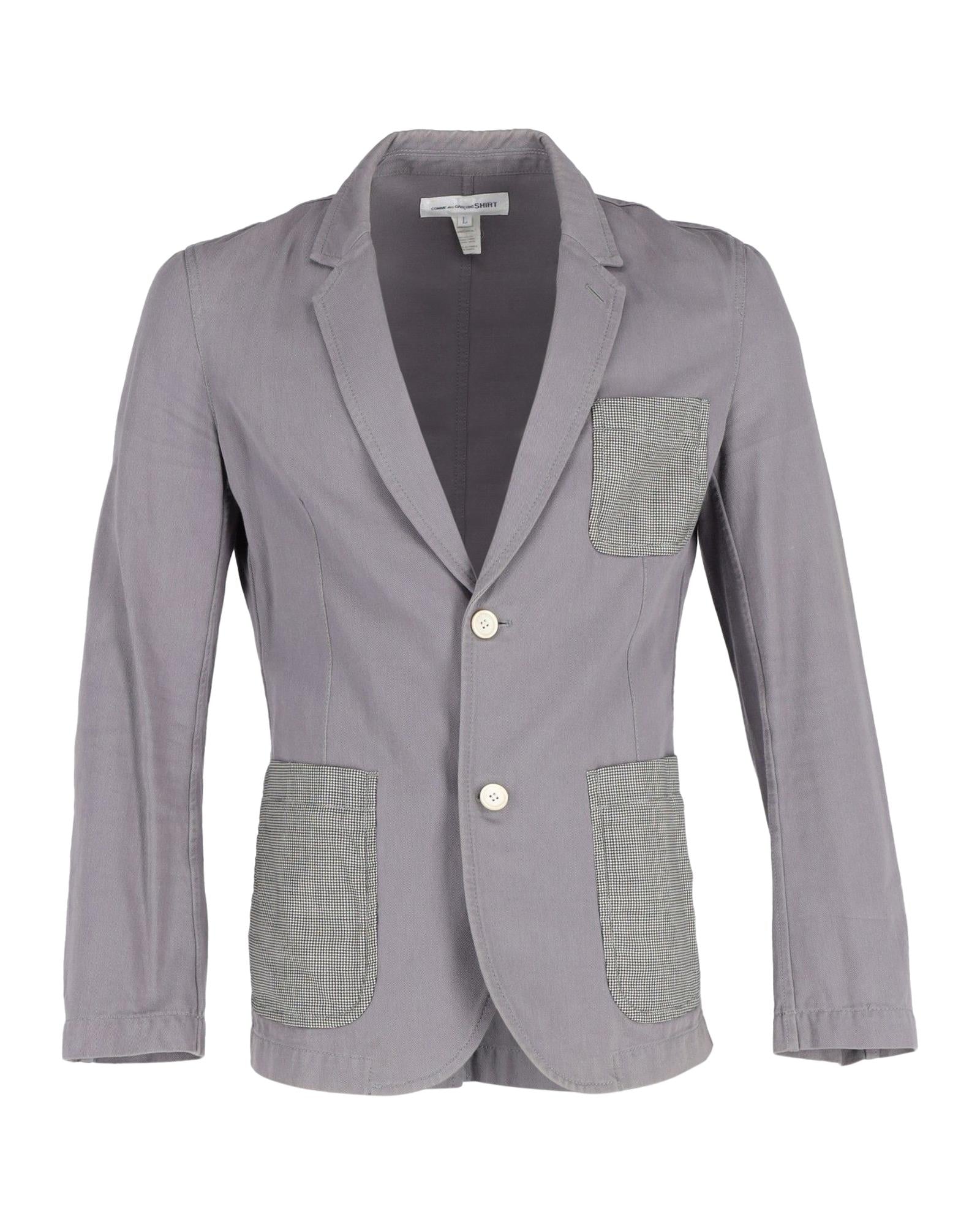 Image of Grey Cotton Denim Patch Pocket Blazer for Men/Women