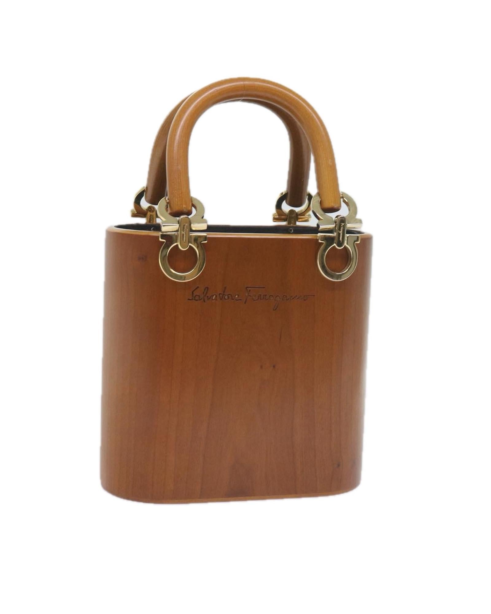 Image of Wood Brown Gancini Hand Bag by Salvatore Ferragamo