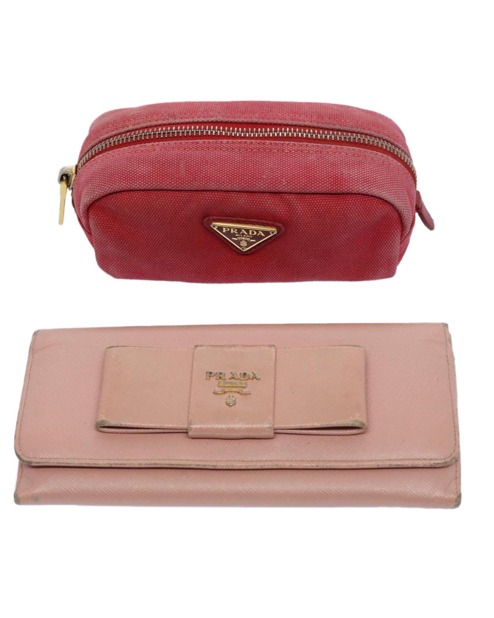 image of Canvas Leather Red Pink Wallet Pouch Set - Authentic PRADA