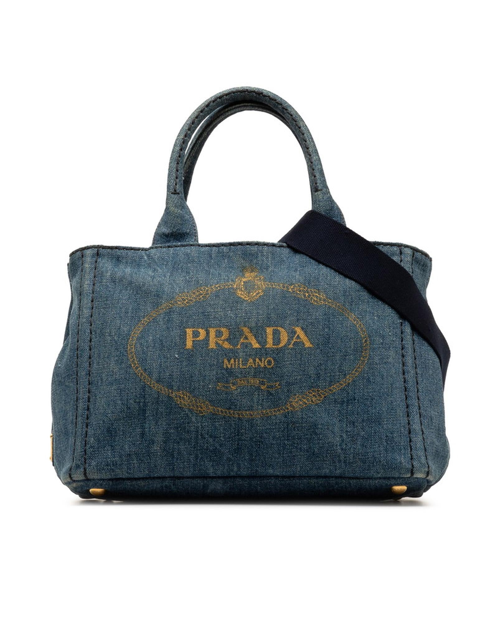 image of Logo Denim Handbag in Blue Canapa by Prada