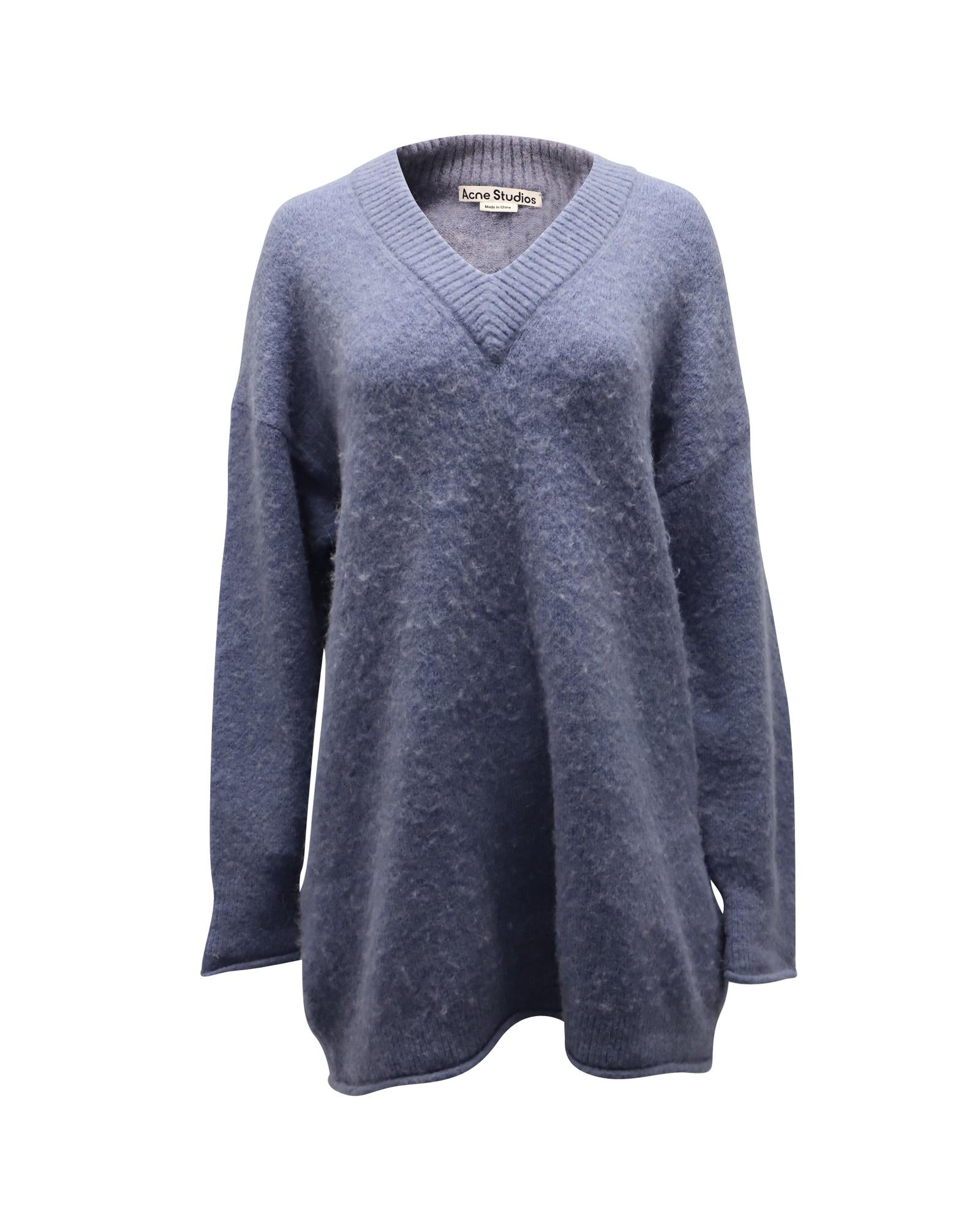 Image of Blue Oversized V-Neck Sweater with Ribbed Edging and Rolled Hemline