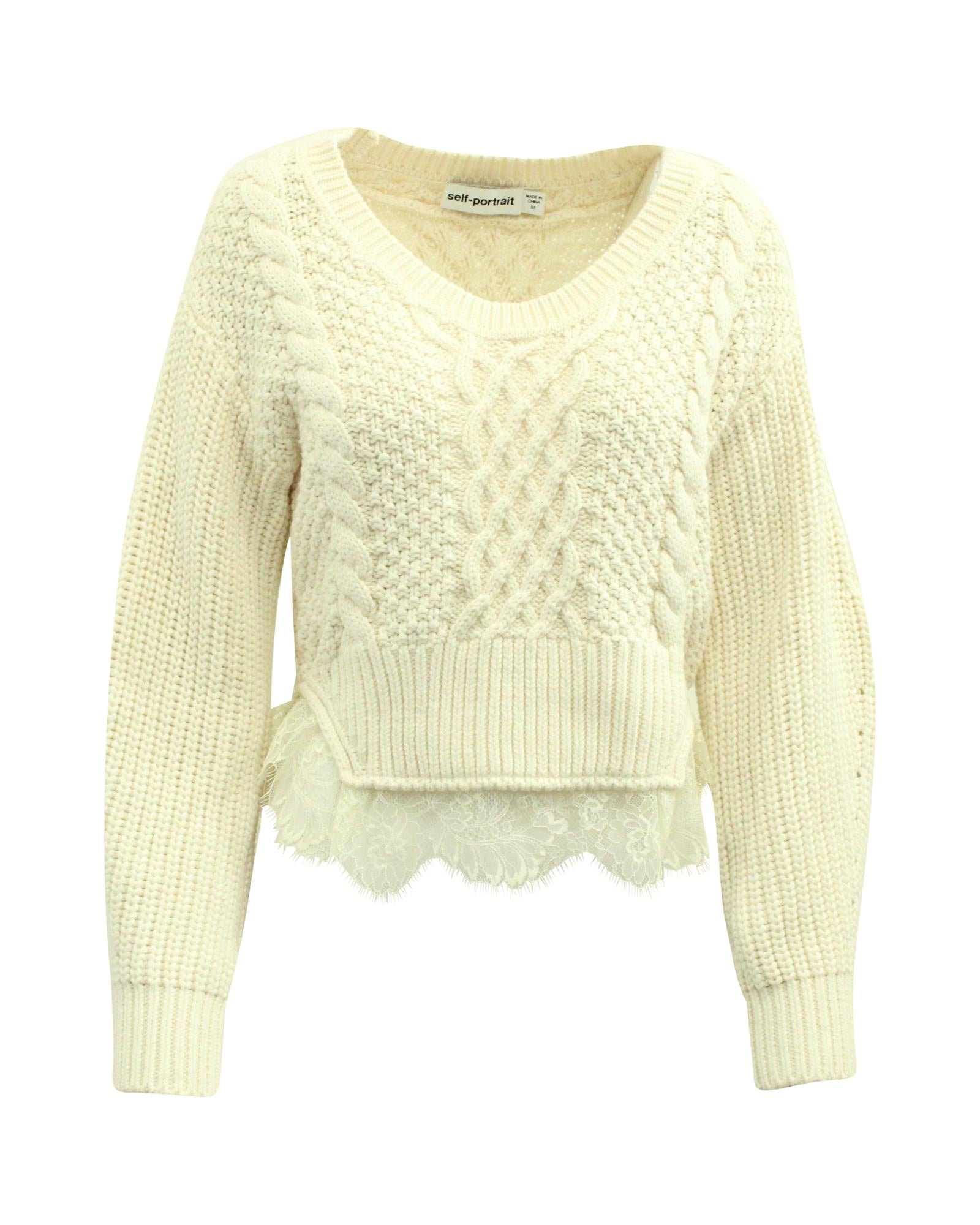 image of Knit Sweater with Lace Trim Detail in Cream Wool