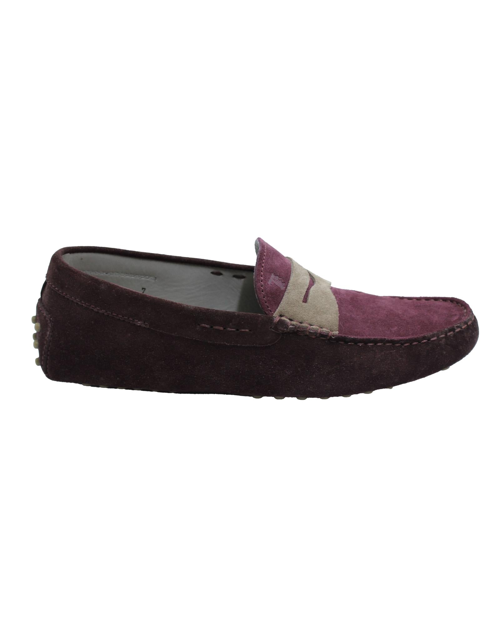 Image of Penny Driving Shoes in Rich Purple Suede with Handmade Stitching and Iconic Rubber Pebble Outsole