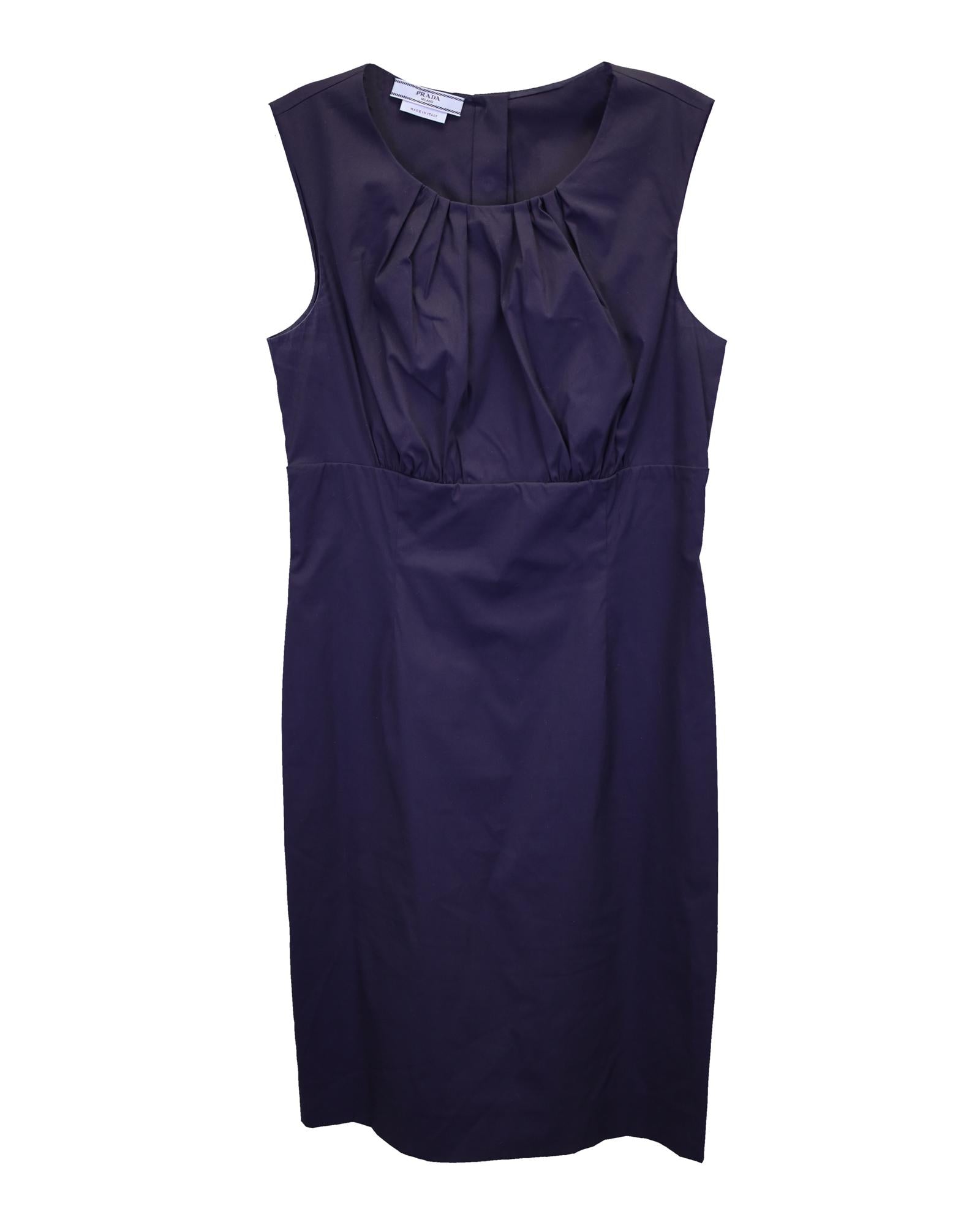 Image of Navy Blue Gathered Sleeveless Sheath Dress by Prada