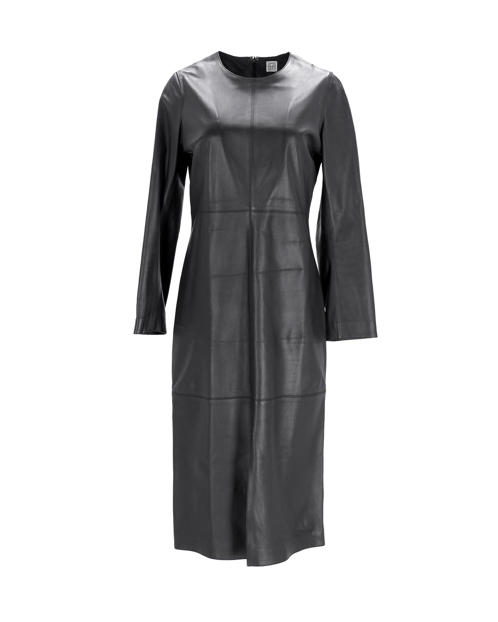 image of Sophisticated Black Leather Paneled Midi Dress