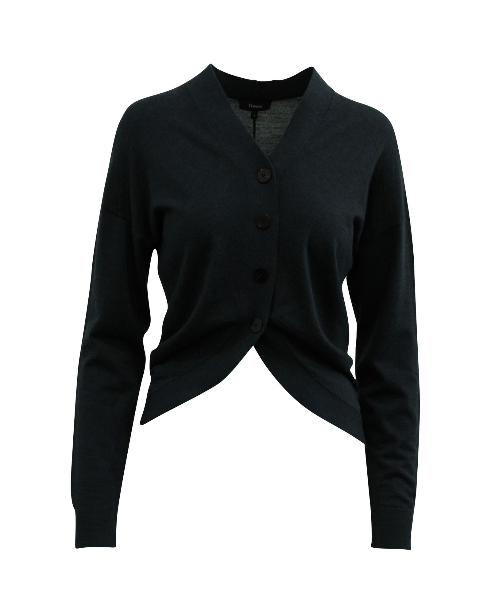 image of Navy Blue Merino Wool Buttoned Cardigan by Theory