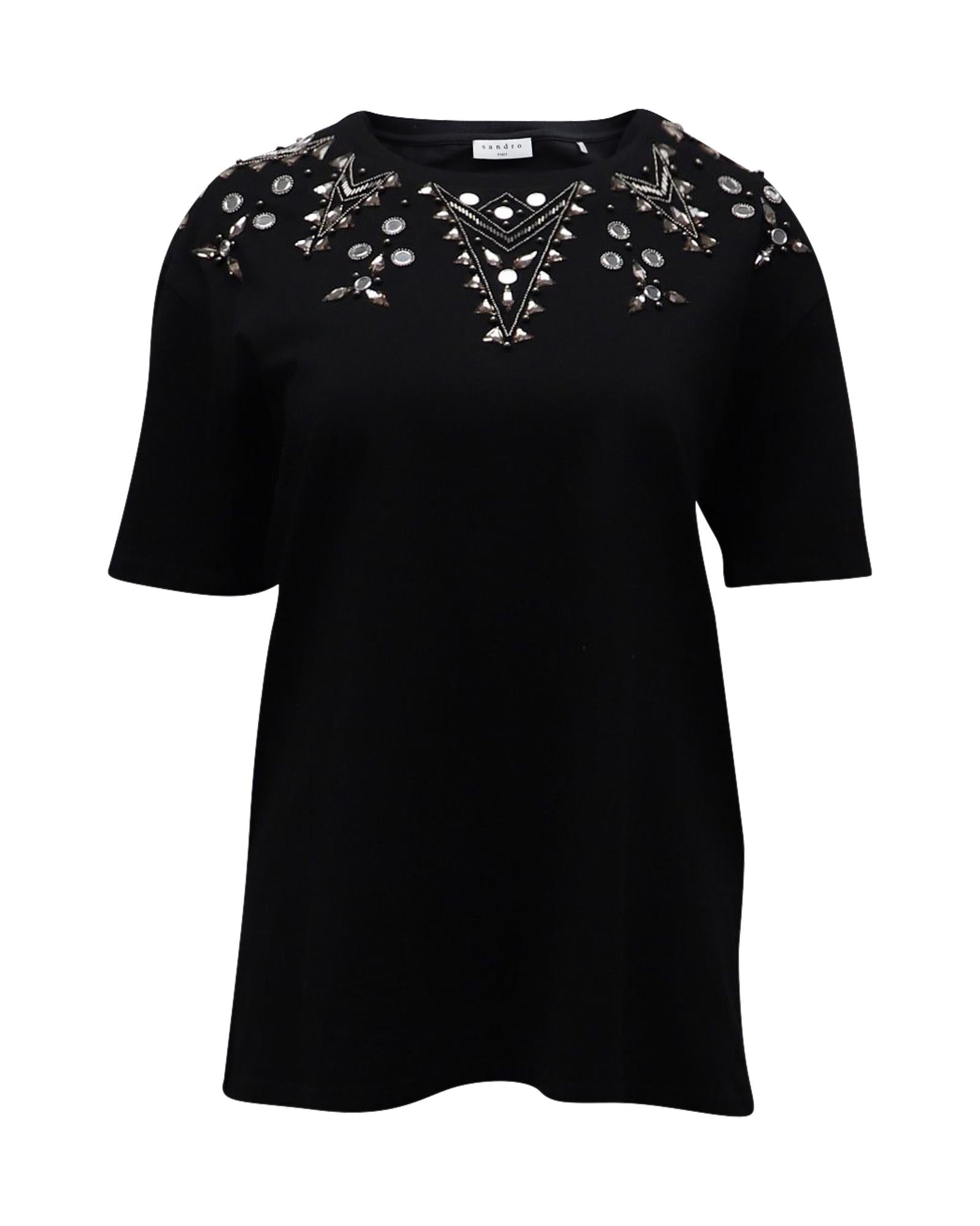 image of Embellished Black Cotton T-Shirt by Sandro Paris