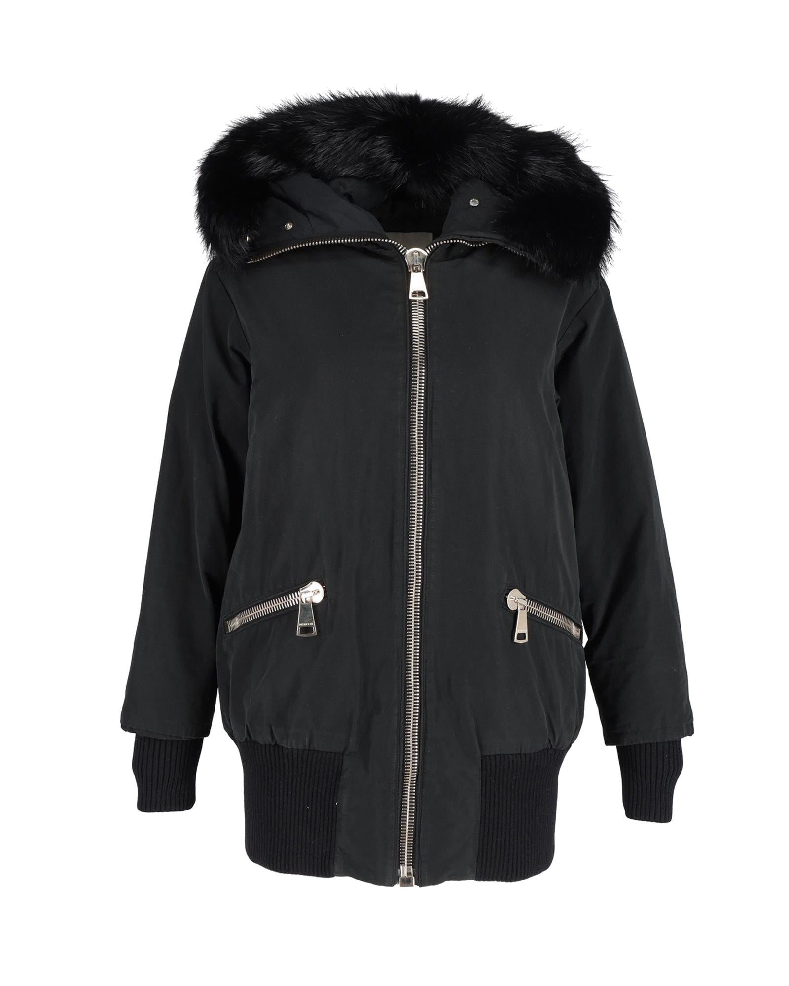 image of Fur-Trimmed Zip Down Coat in Black Polyester