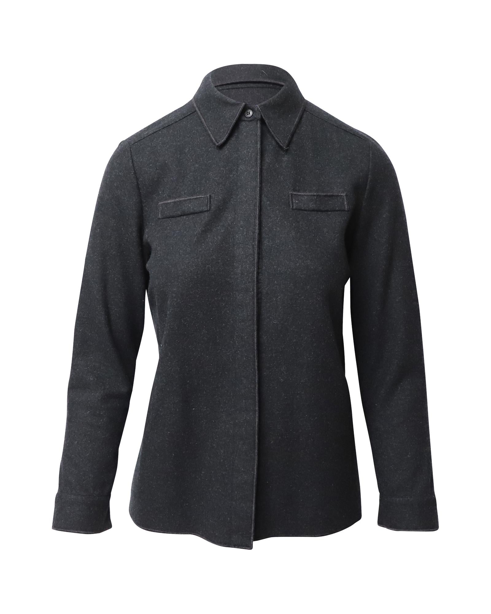 image of Concealed Button Down Shirt in Dark Grey Wool