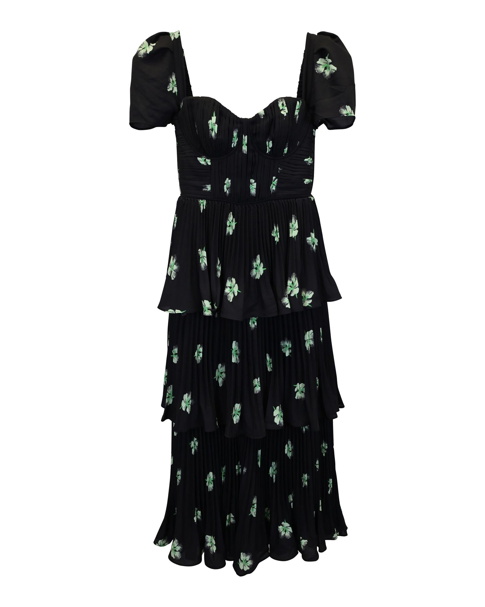 image of Tiered Pansy-Print Midi Dress in Black Polyester